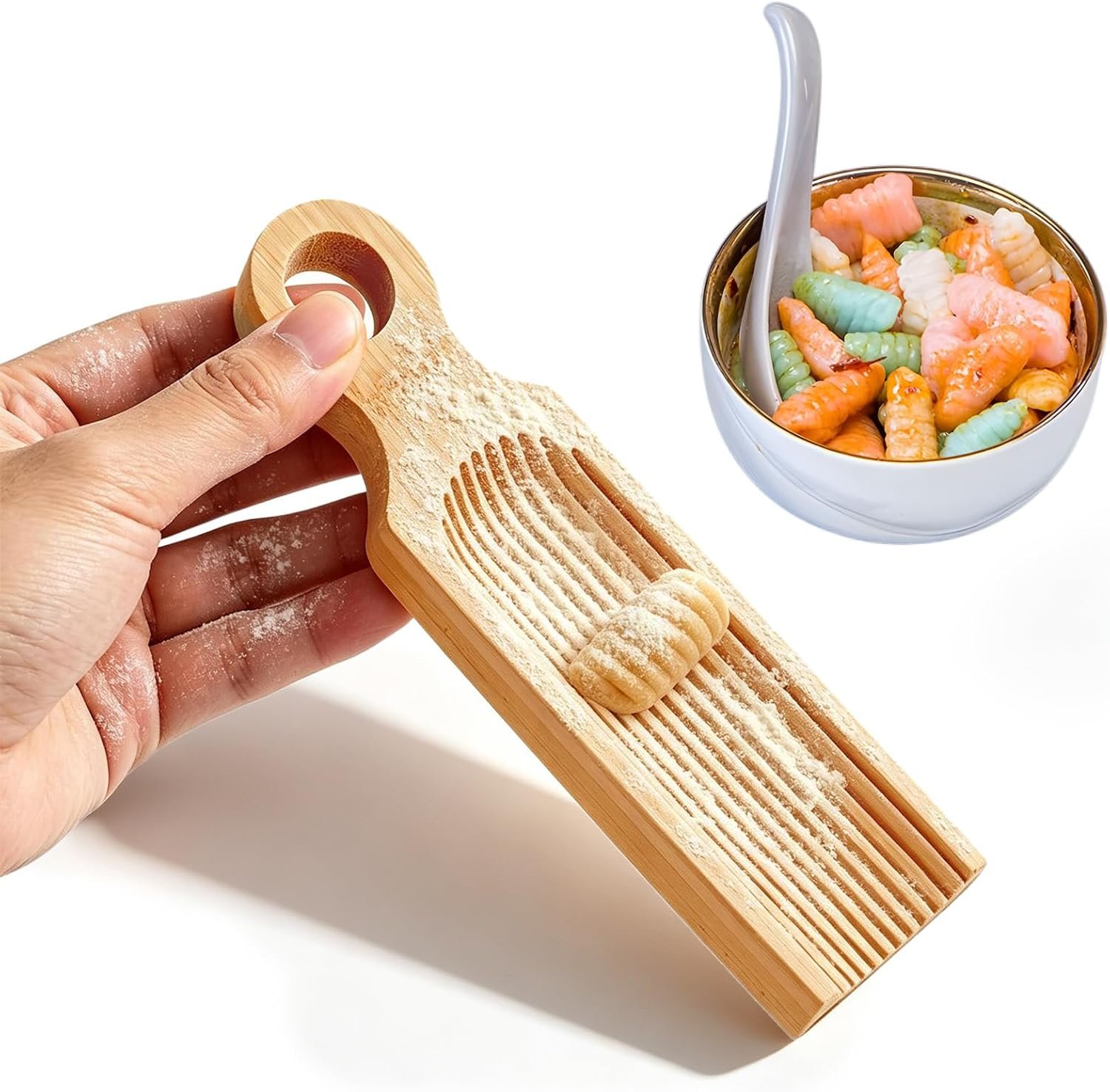 Gnocchi Board Paddle, 6.5 Inch Beech Wood Pasta Board, Curved Design with Grooved Surface for Homemade Italian Gnocchi and Cavatelli, Easy to Use & Clean﻿