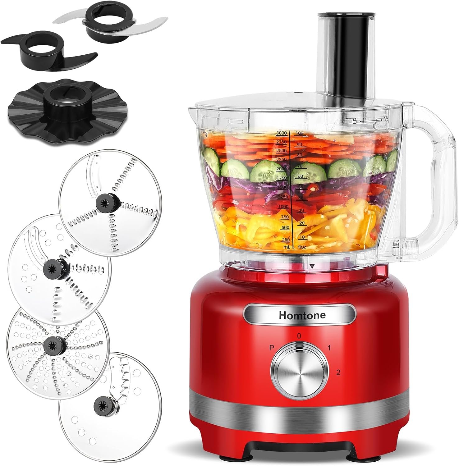 Homtone 16 Cup Food Processor Large, 9 Functions 3 Speeds for Shredding, Slicing, Making French Fries, Chopping Meat, Kneading Dough & Emulsifying, Red