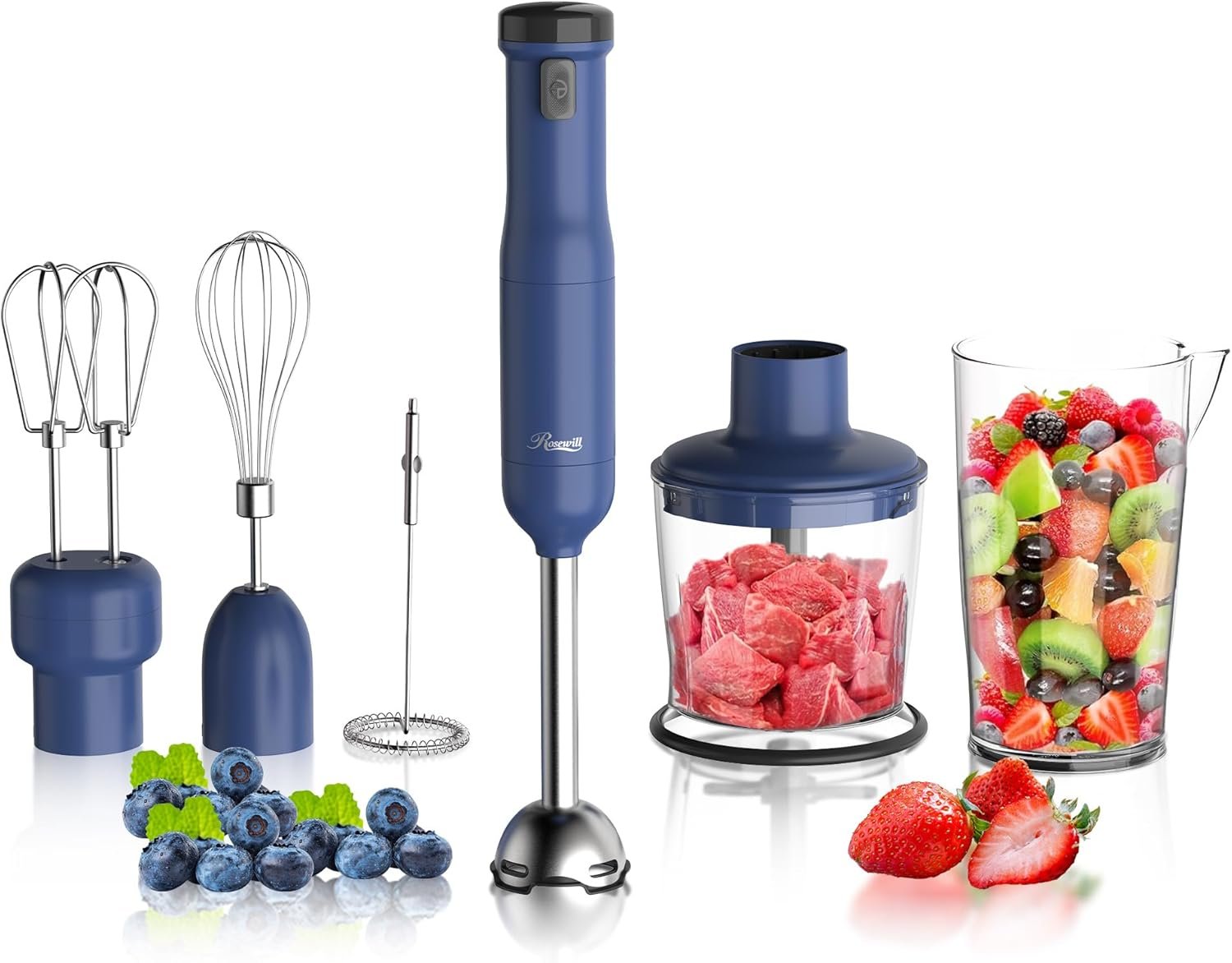 Rosewill 6-in-1 Multi-Speed Cordless Rechargeable Immersion Hand Blender, Heavy Duty Motor – Stick Blender, Beaker, Whisk, Chopper, Dual Beater, Milk Frother – For Smoothies, Baby Food, Soup – Blue