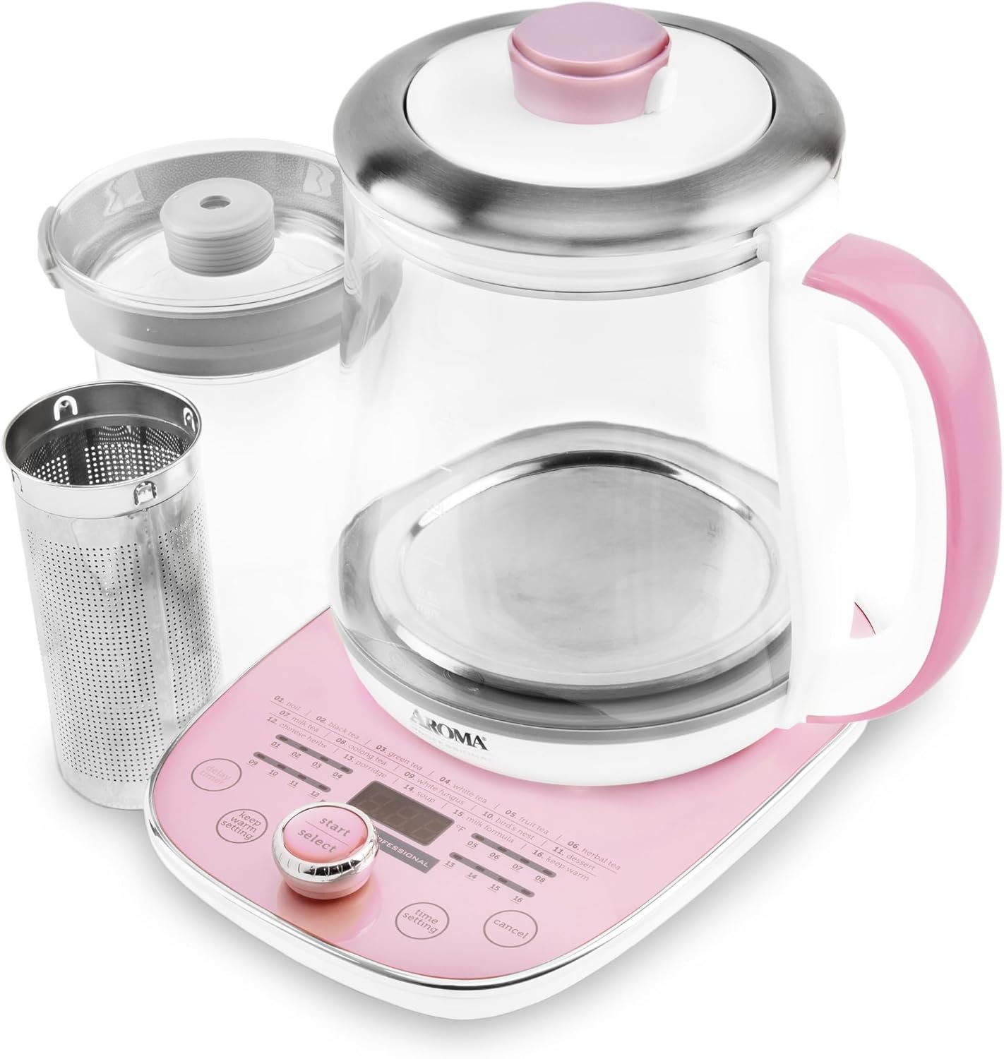 AROMA® Professional 1.5L / 6-Cup Glass Digital Electric Tea Maker, Automatic Keep Warm Mode, 16 Different Heat Setting Options, Spill-Free Pouring Spout (AWK-701)