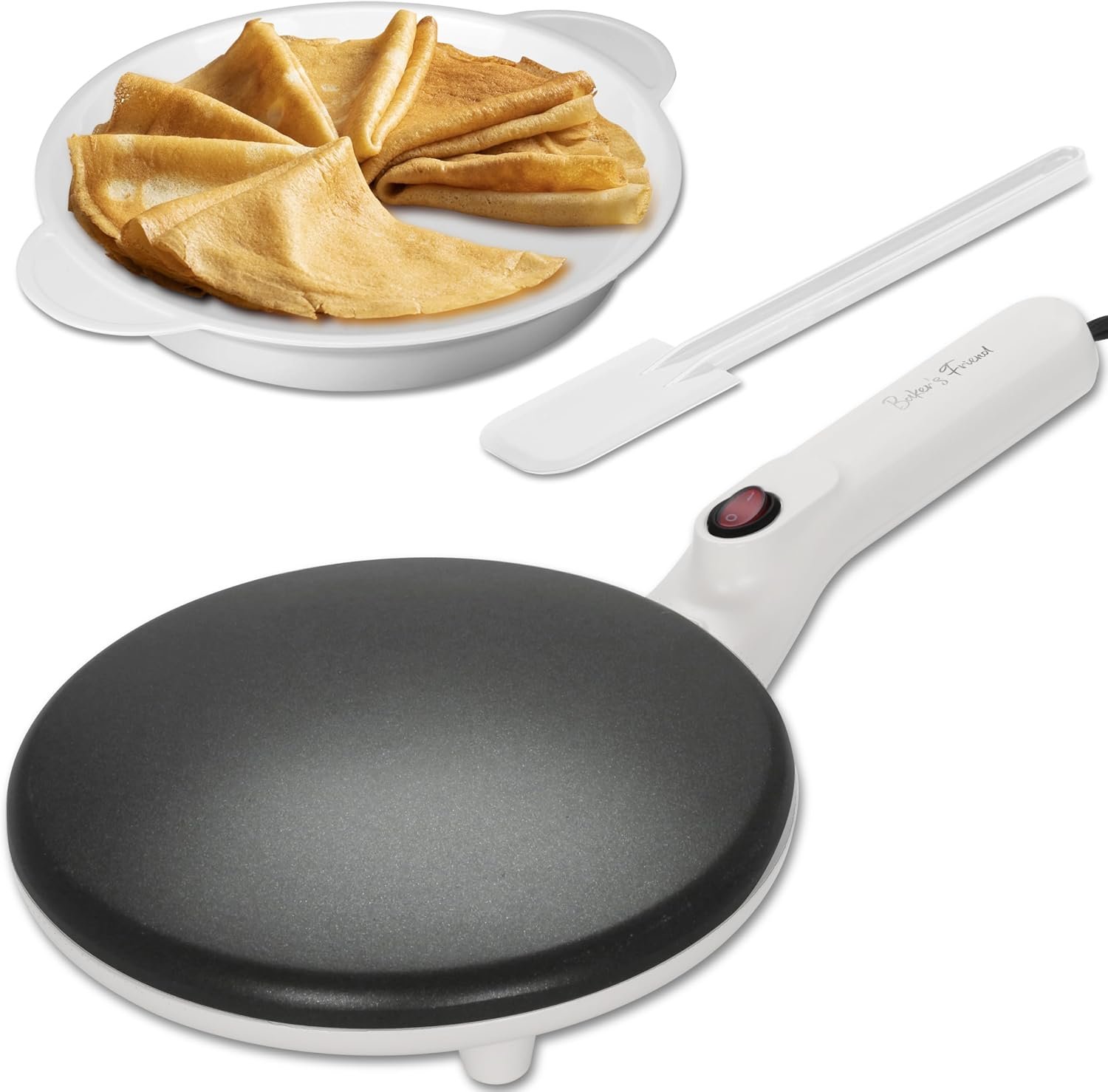 Baker’s Friend Instant Crepe Maker with Handle, Electric Crepe Maker Machine, Crepera Electrica, 8 Inch Non-stick Cooking Surface, Creamy White