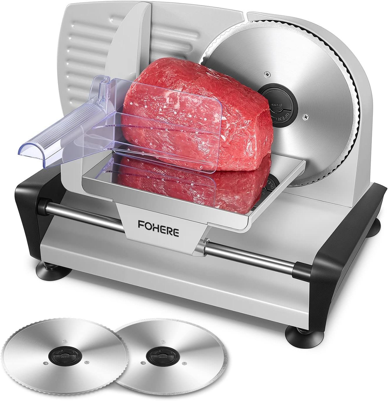 FOHERE 200W Meat Slicer Machine for Home, Electric Food Slicer with Two 7.5″ Sharp Stainless Steel Blade(Serrated + Smooth) 0-15mm Precise Thickness Deli Meat Slicer for Bread Fruit Vegetable(Silver)