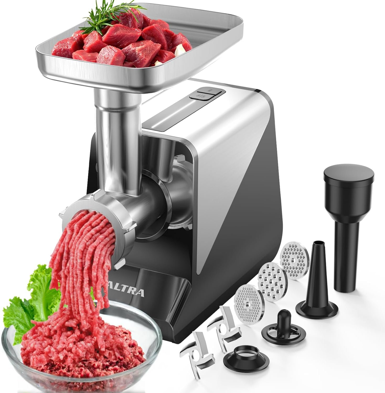 ALTRA LIFE Electric Meat Grinder, 2800W Max Sausage Stuffer with 2 Blades, 3 Plates, Sausage Tube, Vegetable Cheese Grater, 2 Meat Claws, Burger Press & Kubbe Kit for Home use, Built-in Storage