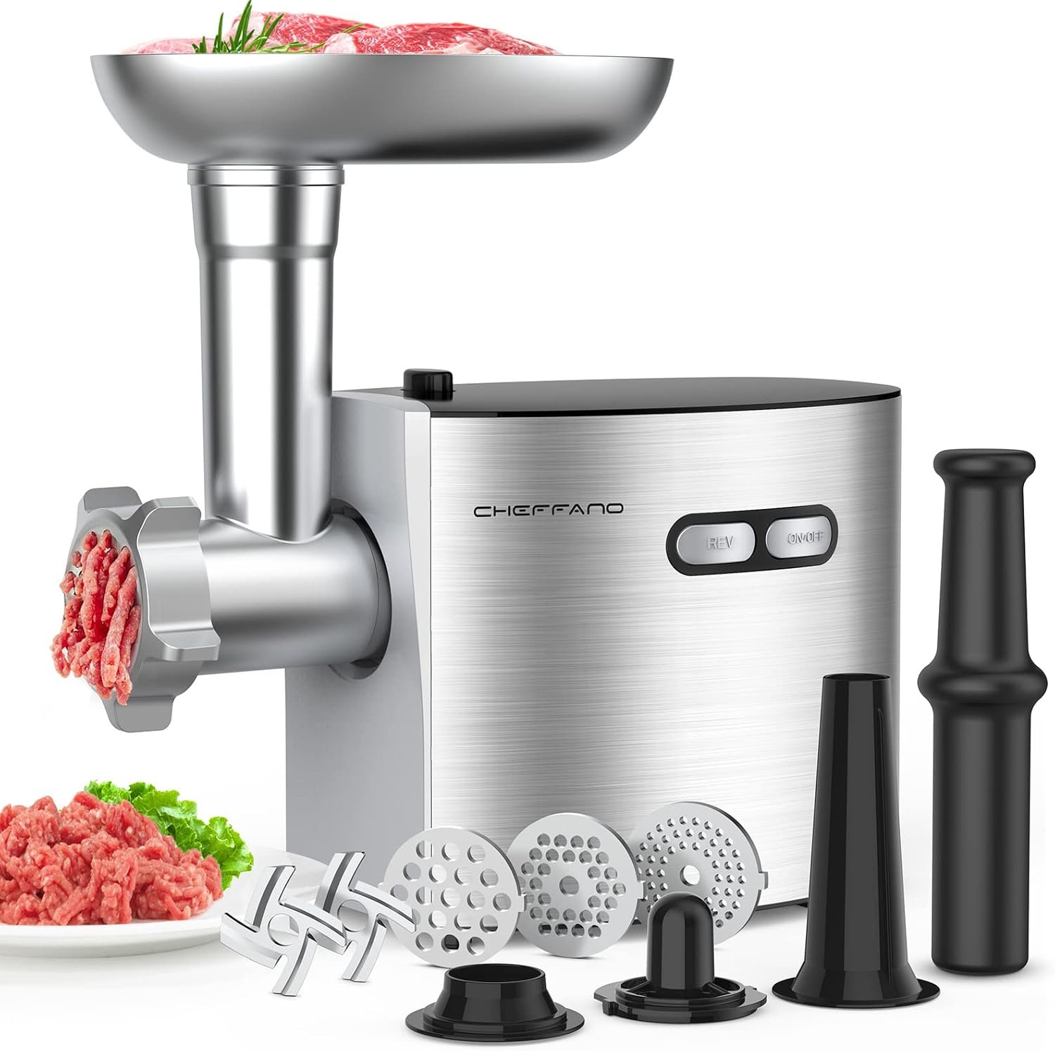 CHEFFANO Meat Grinder, 2600W Max Meat Grinder Electric, ETL Approved Heavy Duty Meat Mincer Machine with 2 Blades, 3 Plates, Sausage Stuffer Tubes & Kubbe Kit for Home Kitchen Use