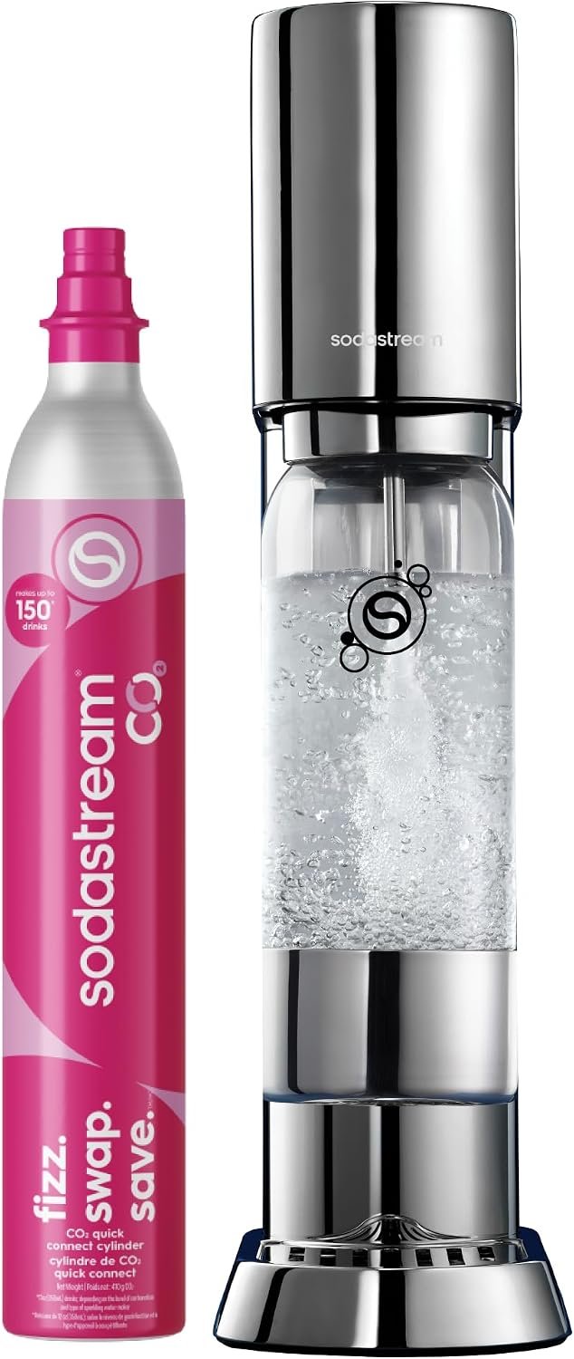 SodaStream ENSO Sparkling Water Maker, Stainless Steel Soda Maker, CQC CO2 System, Includes 1 Quick Connect 60L CO2 Cylinder, 1 Dishwasher Safe BPA Free Bottle, Make your own Pepsi, Silver