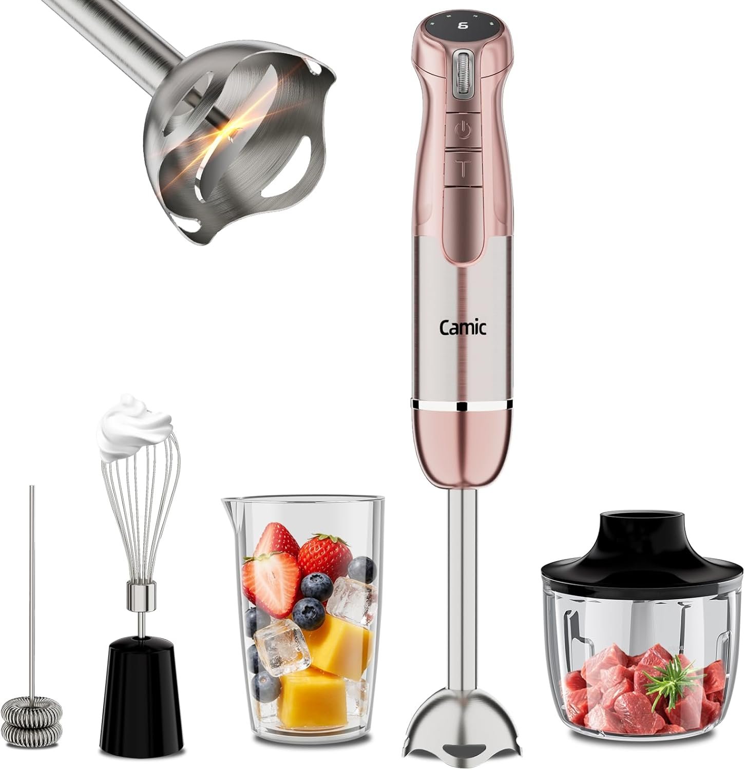 Camic Hand Blender, Cordless Immersion Blender with 6 Speeds, 4 in 1 Portable Mixer Electric Handheld Mixer with Blender, Chopper, Whisk, Frother for Soup, Smoothies, Baby Food and Puree (Champagne)