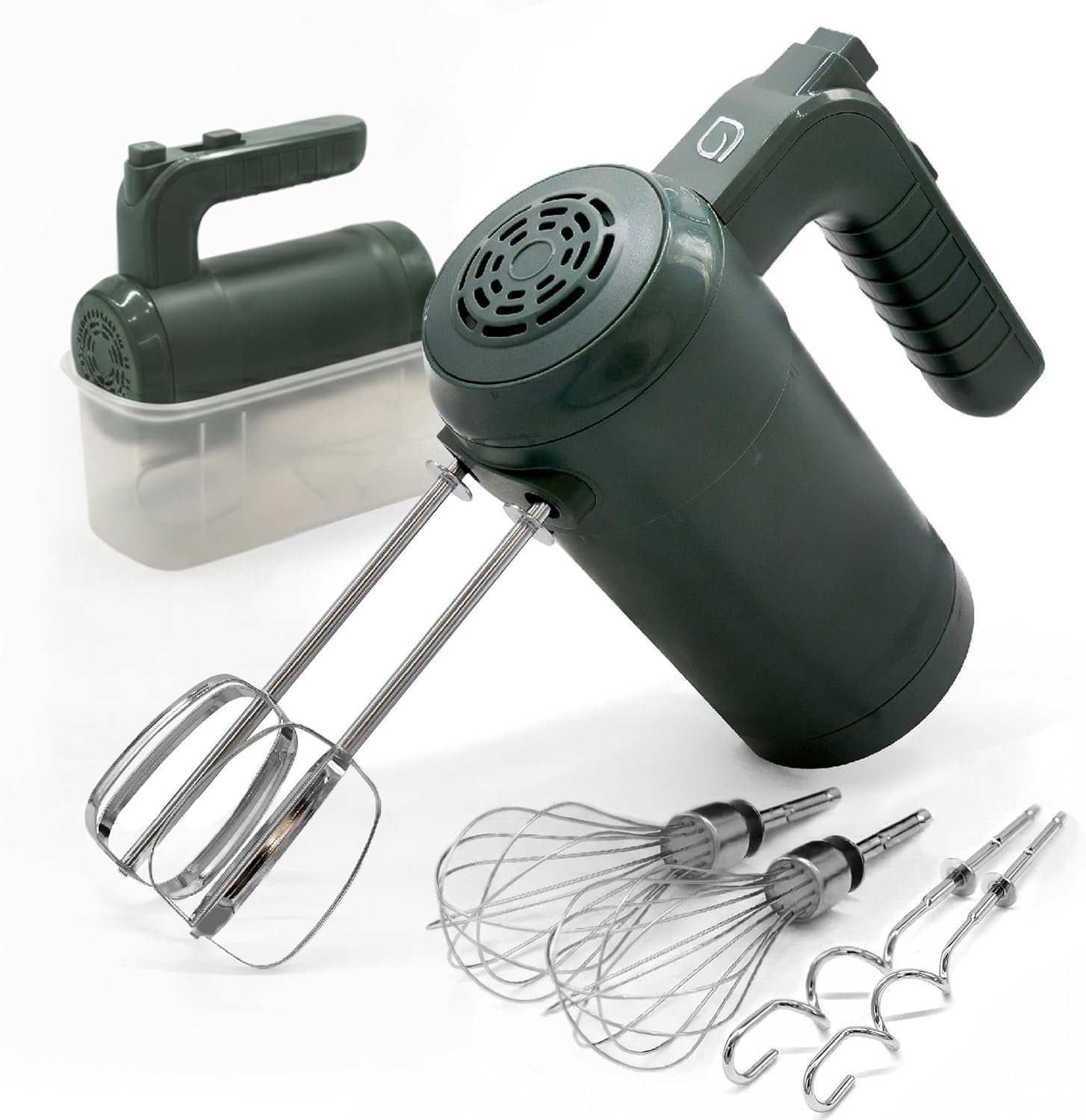 WILLOW Eco Series Electric Hand Mixer, 5 Speed Ultra Power Handheld Mixer with Stainless Steel Whisks, Beaters & Dough Hooks + Eject Button, 350W Kitchen Mixer with Snap-On Storage Case – GREEN