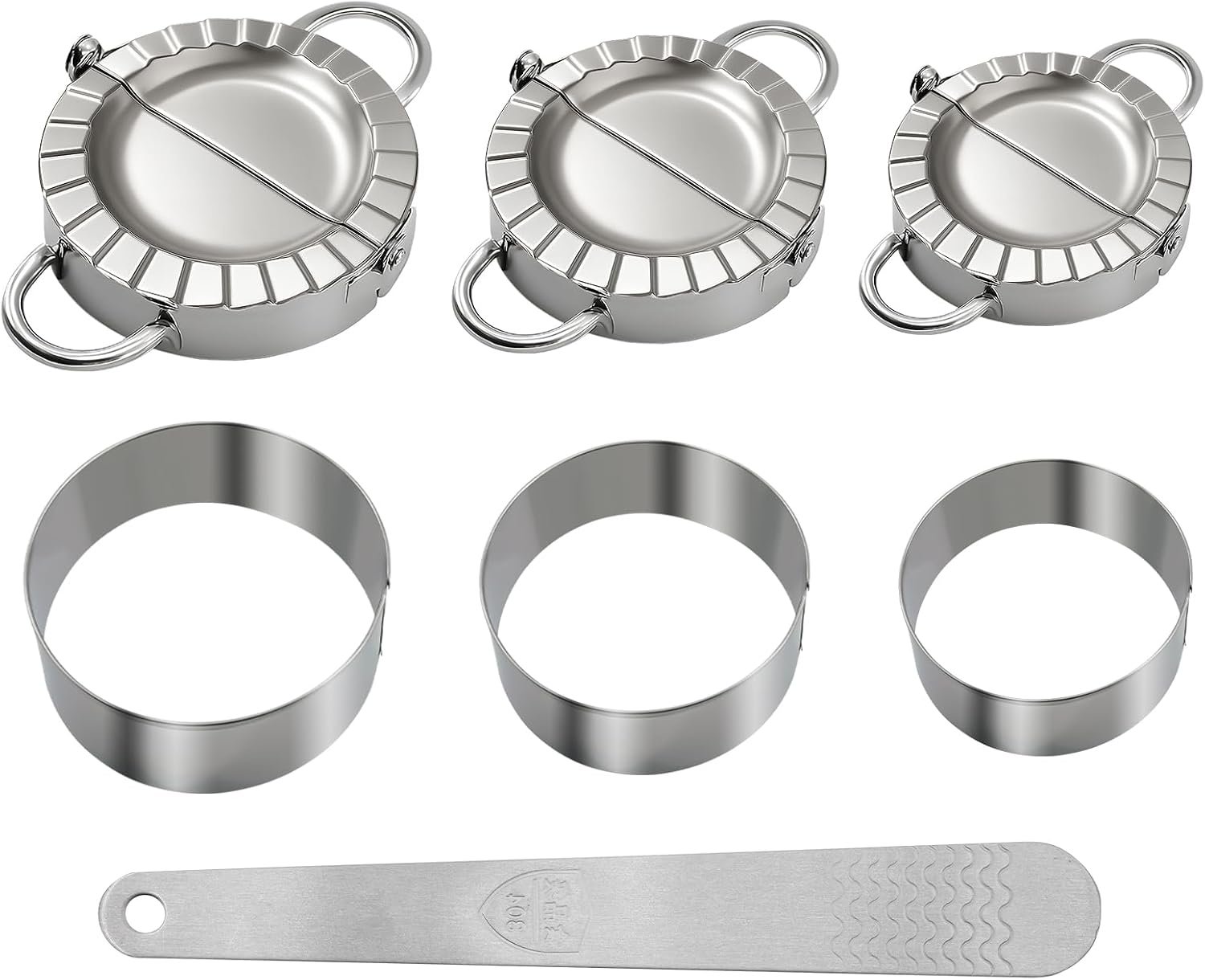 3-in-1 Stainless Steel Dumpling Maker Set – 3 Sizes with Cutters & Scoop | 3″, 3.4″, 3.8″ sizes. Dishwasher-safe. Non-stick, no rust. Asian, empanada, pierogi.