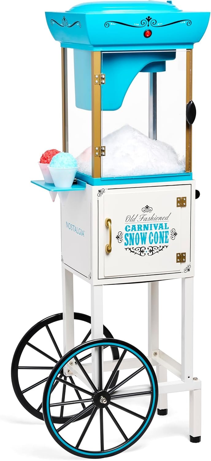 Nostalgia Snow Cone Shaved Ice Machine – Retro Cart Slushie Machine Makes 48 Icy Treats – Includes Metal Scoop, Storage Compartment, Wheels for Easy Mobility – White, Blue