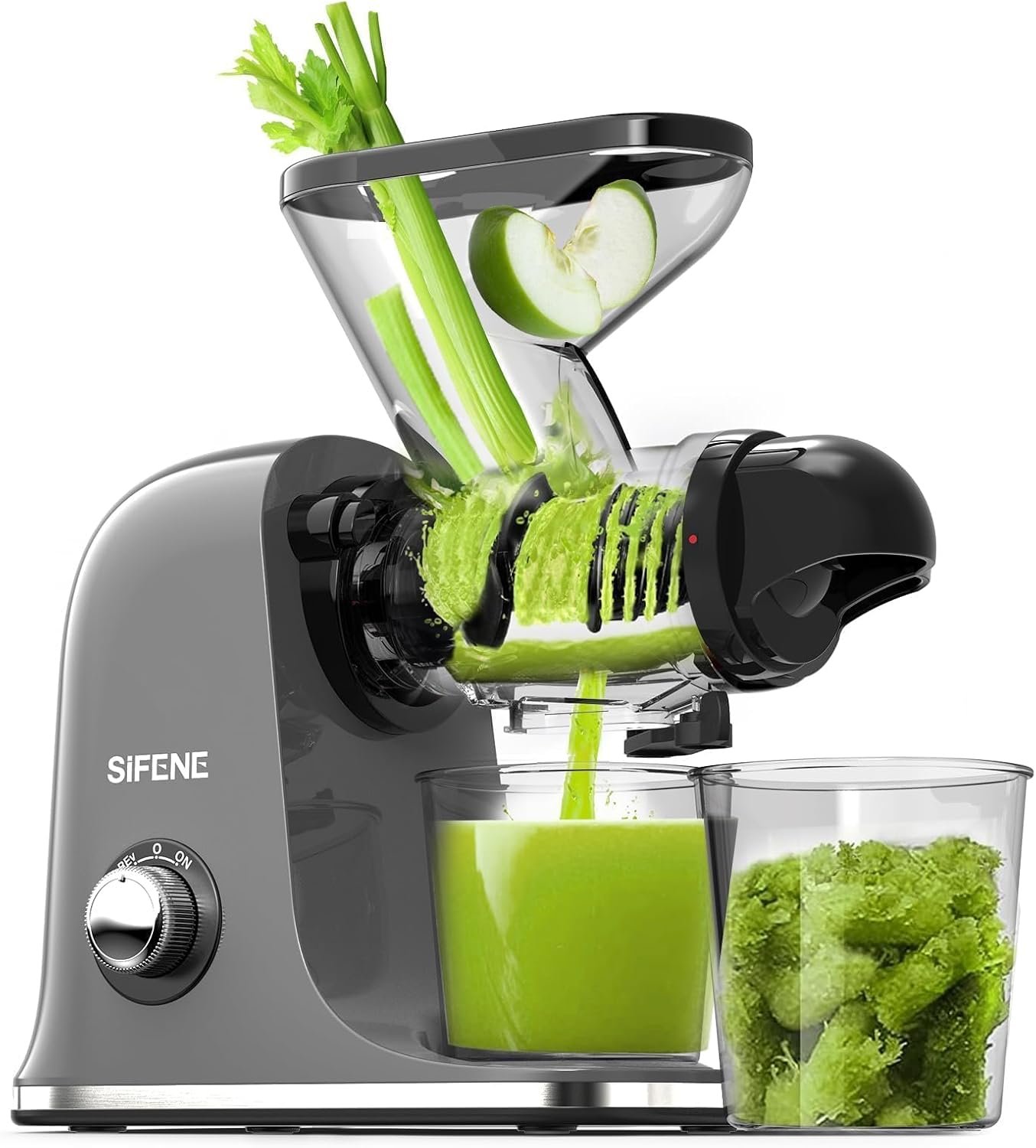 SIFENE Mini Slow Masticating Juicer, Dual Feed Chute, Quiet Motor, Gray | reverse function, easy-clean removable parts, compact countertop footprint, apples, carrots and celery prep, BPA-free parts