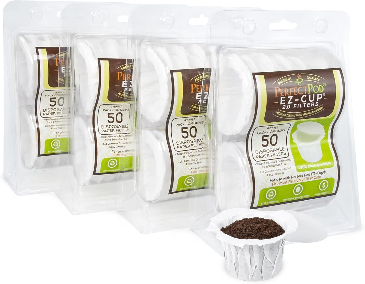 Perfect Pod EZ-Cup Disposable Paper Filters with Patented Lid Design for Reusable Coffee Pods – 4 Pack (200 Filters)
