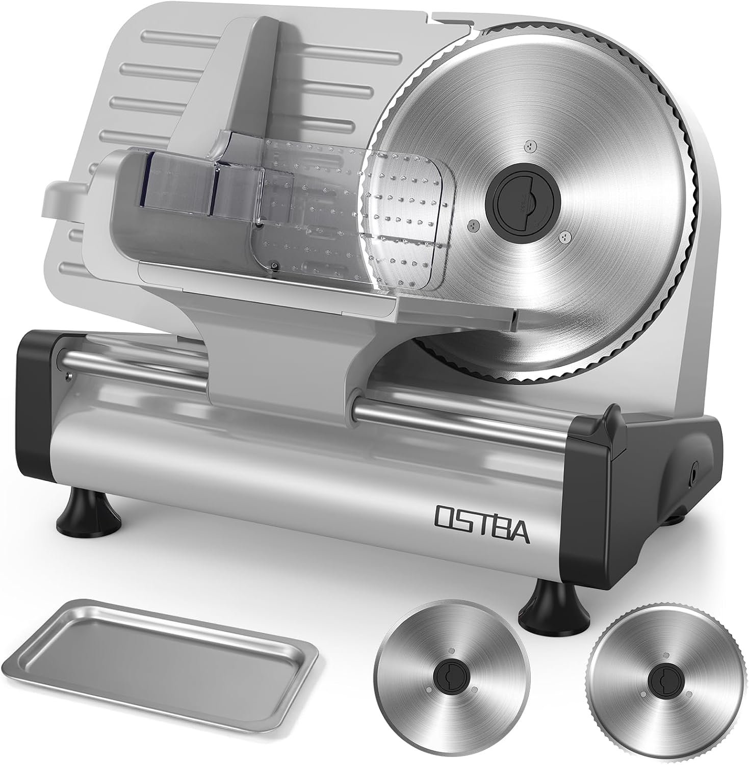 OSTBA Electric Meat Slicer with 200W DC Motor, 2 Removable 8.7” Stainless Steel Blades, Adjustable Thickness 0–15mm, Food Tray & Hand Grip, Commercial Deli Food Slicer for Meat, Cheese, Bread, Veggies