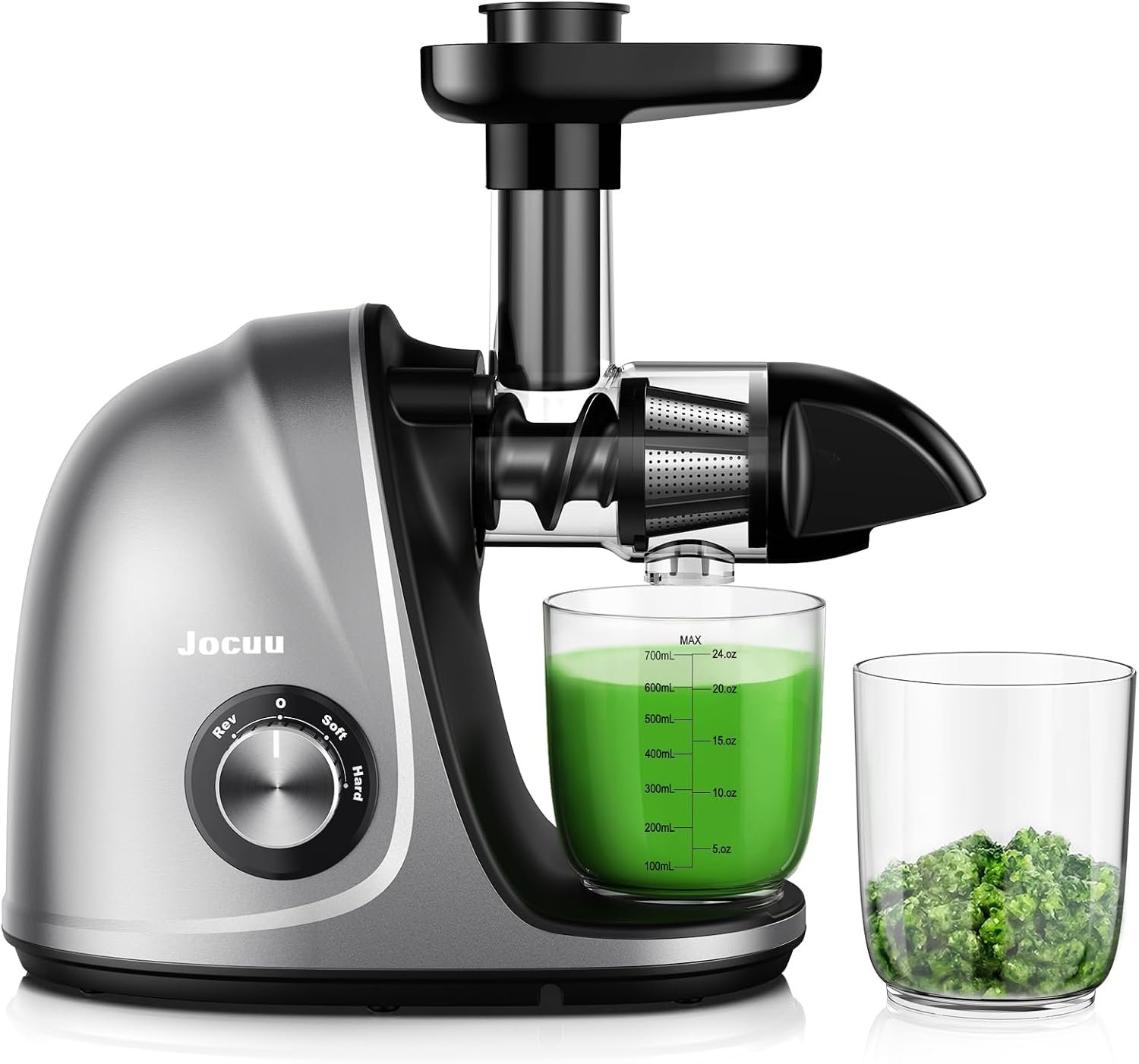 Juicer, Jocuu Slow Masticating Juicer Machines Easy to Clean, Soft/Hard Two Speed Quiet Motor Reverse Function Anti-Clogging, Cold Press Juice Extractor with Brush & Recipes