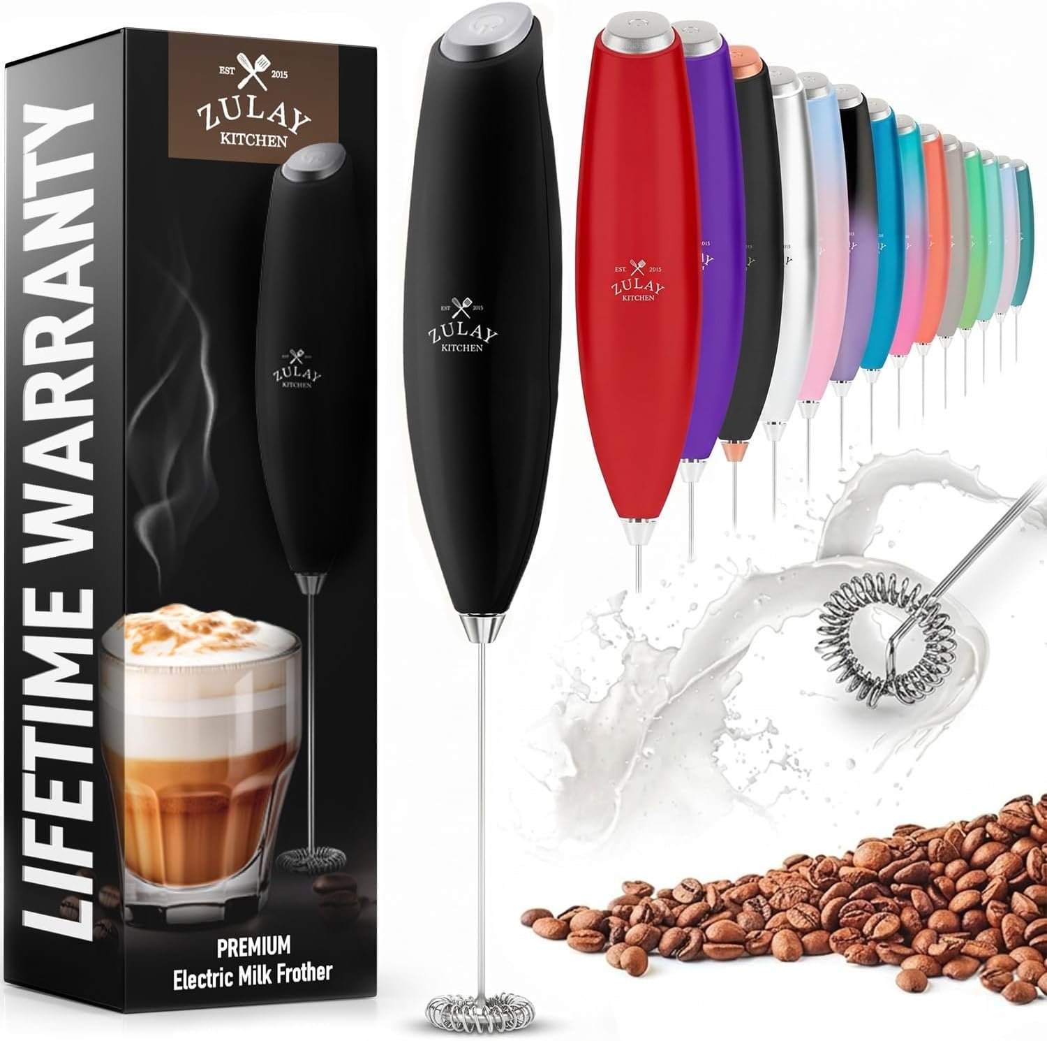Zulay Kitchen Milk Frother Handheld Electric Whisk – Frother Wand, Durable Drink Mixer, Coffee Frother, Hand Blender, Frother for Protein Powder, Matcha & More – Black