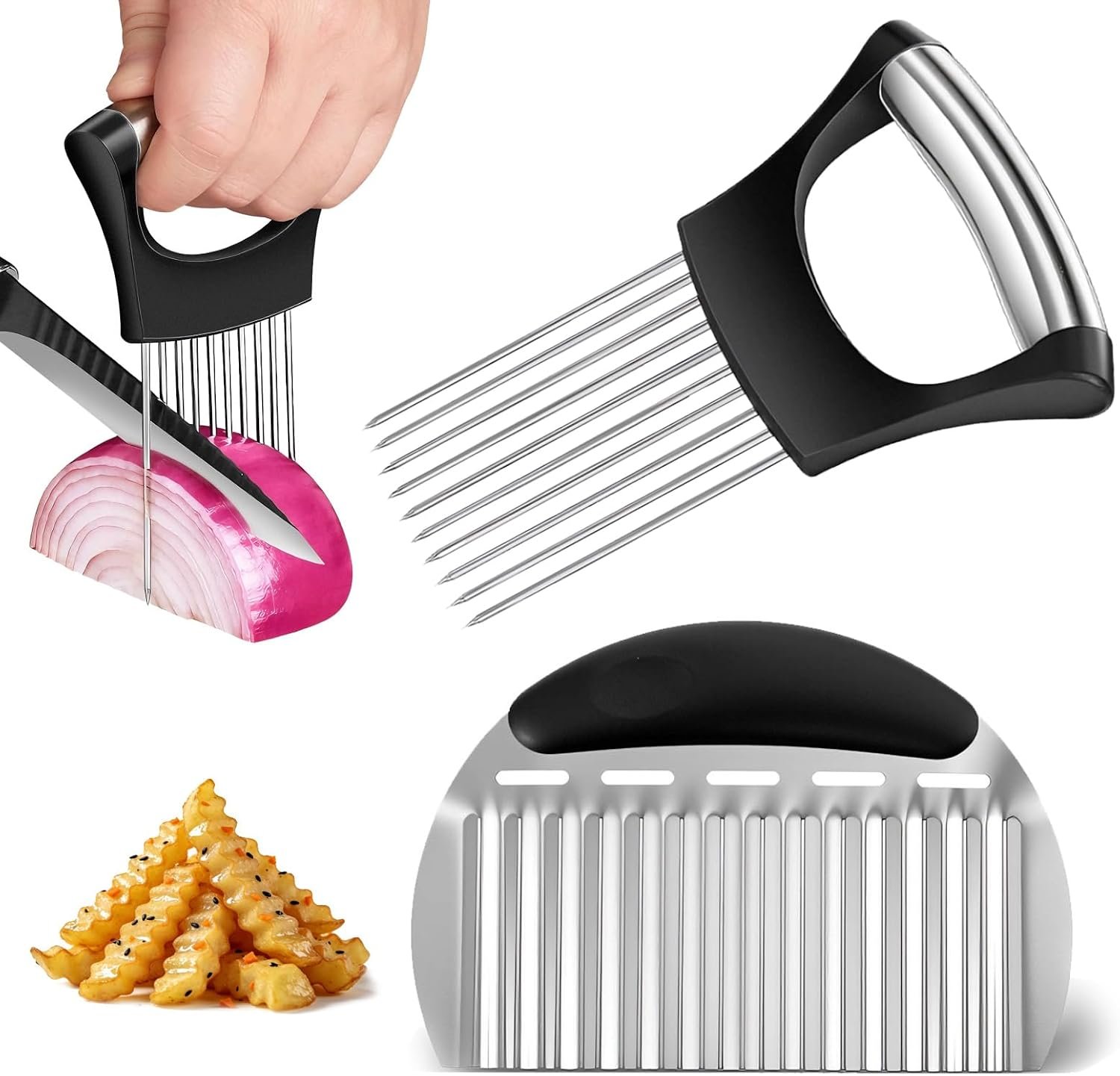 Stainless Steel Onion Holder for Slicing & Crinkle Cutter, for Home Kitchen | Onion Slicer Holder, Crinkle Cutter, French Fry & Vegetable Cutter for Potatoes, Lemon and Tomatoes, Ergonomic Handle