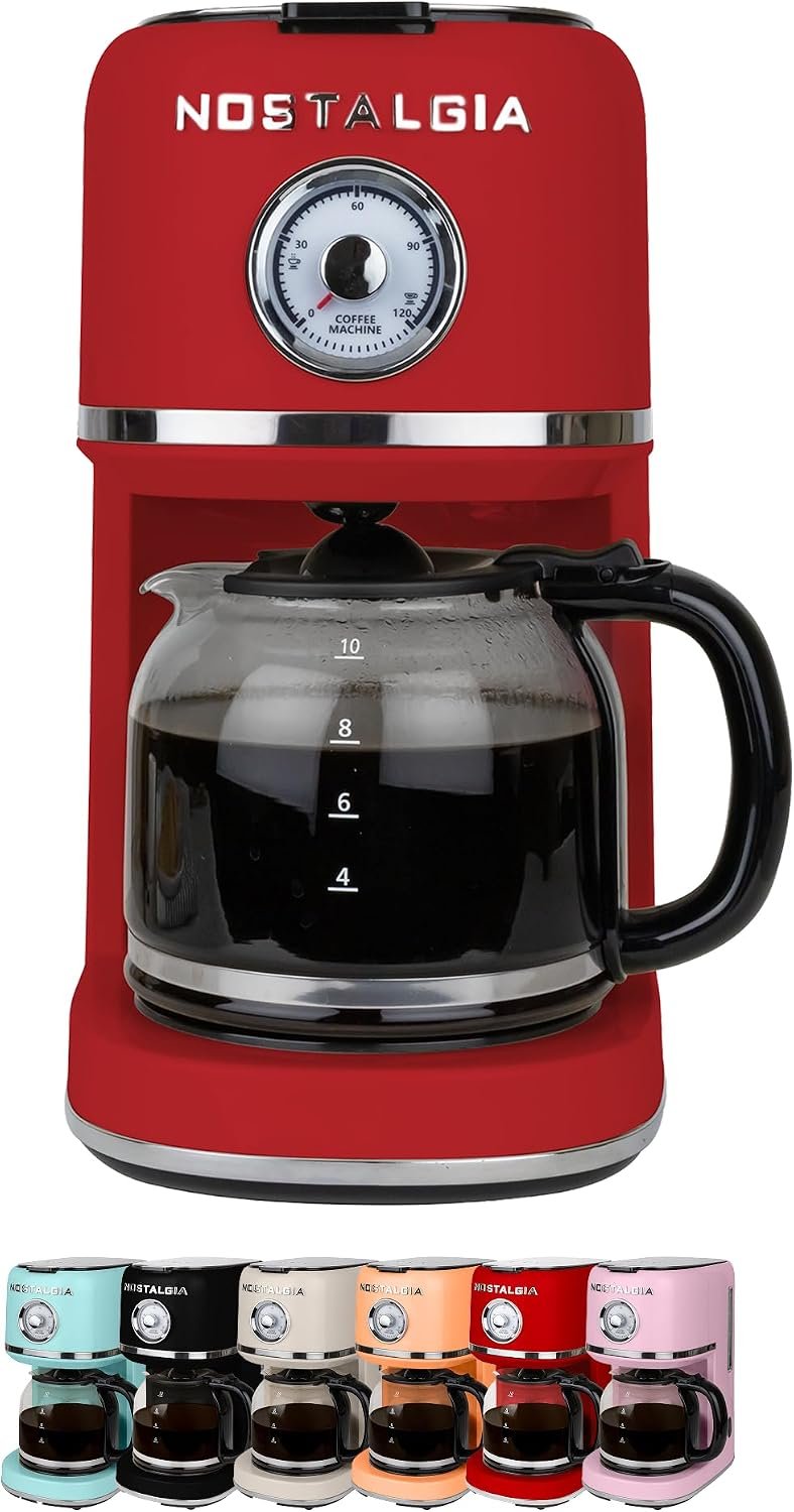 Nostalgia Classic Retro 10 Cup Coffee Maker – One-Touch Drip Brew, Reusable Filter – Anti-Drip, Auto Shutoff, & Time Display – Dishwasher Safe 50 oz Carafe – Red