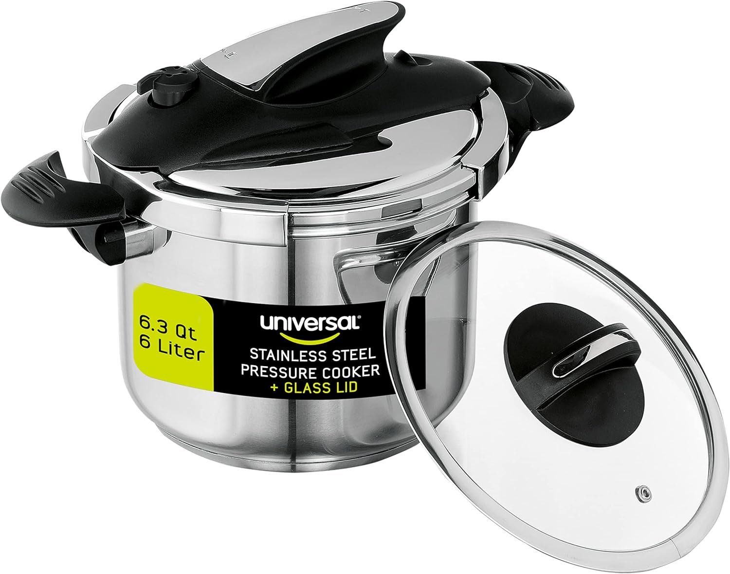Universal (6.3 Quart / 6 Liter) Stainless Steel Easy Use Pressure Cooker + Extra Glass Lid, Induction Compatible, Pressure Cooker & Multipurpose Pot, 7 servings