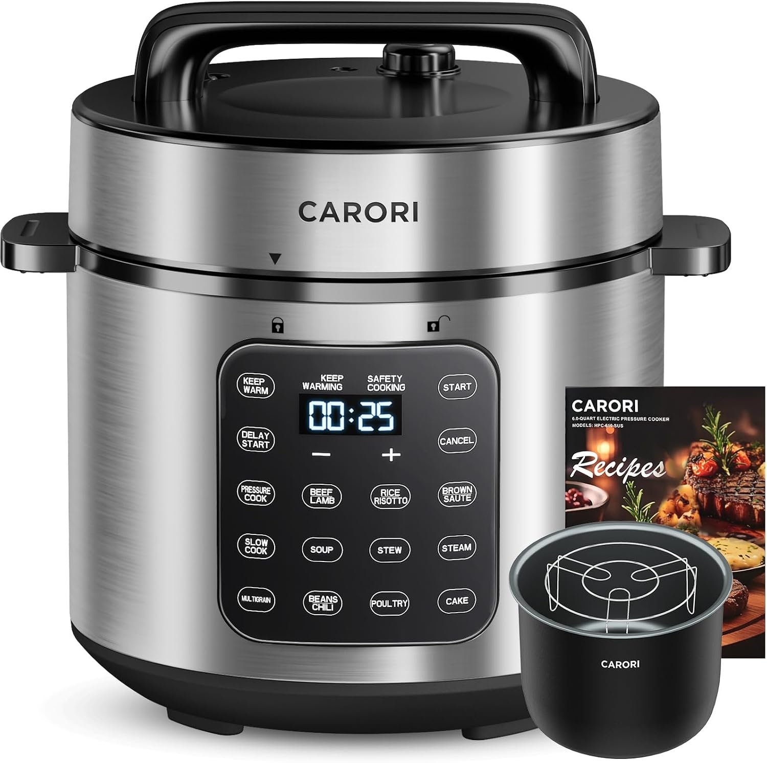 CARORI Electric Pressure Cooker 6 Quart Silver, Non-stick Pot, 9-in-1 Instant Pot, 12 Preset Functions with Touchscreen, Safe Steam Release, Stew, Slow Cook, Rice, Sauté, Warmer