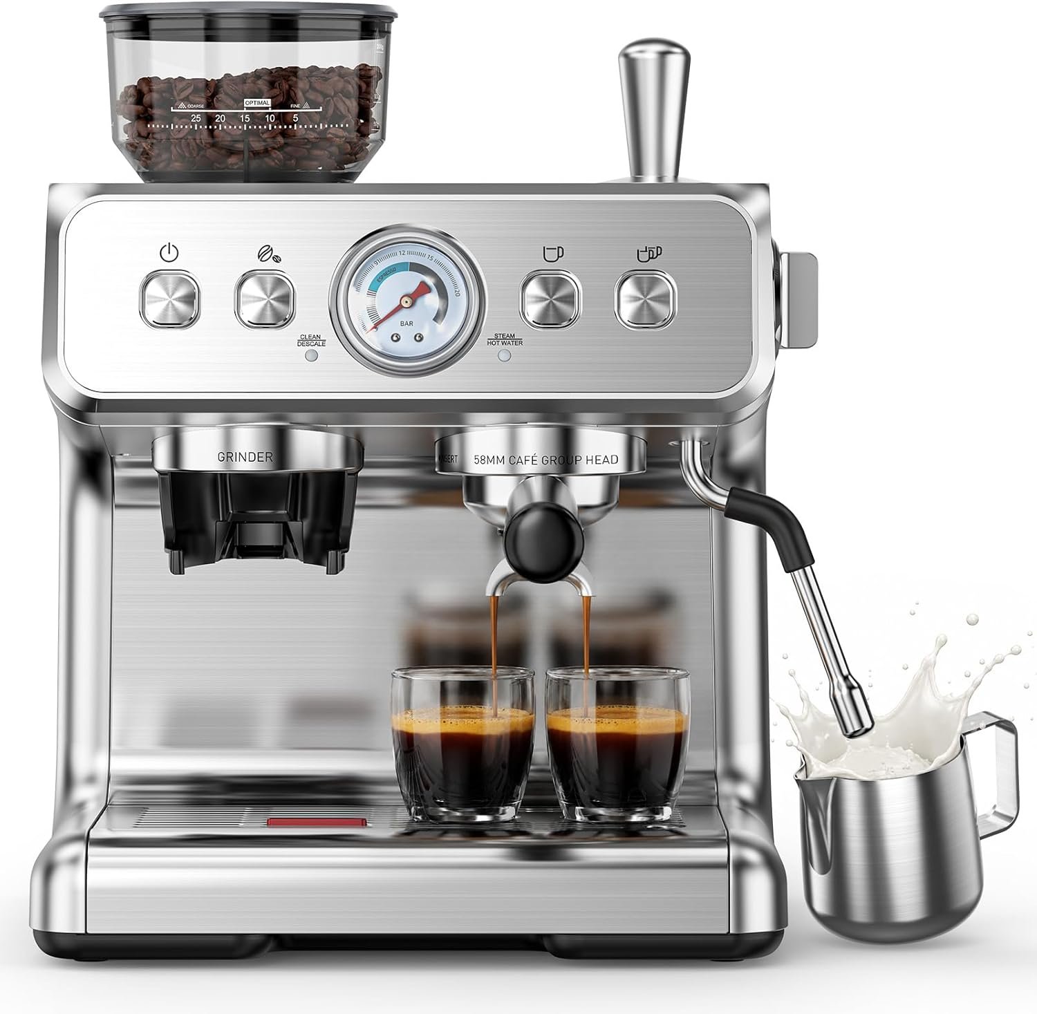 (2026 Upgrade)Electactic Espresso Machine with Grinder, 20 Bar Expresso Coffee Machines, Professional Coffee Maker for Latte & Cappuccino with Milk Frother&Steam Wand,Expresso Machines for Home-Silver