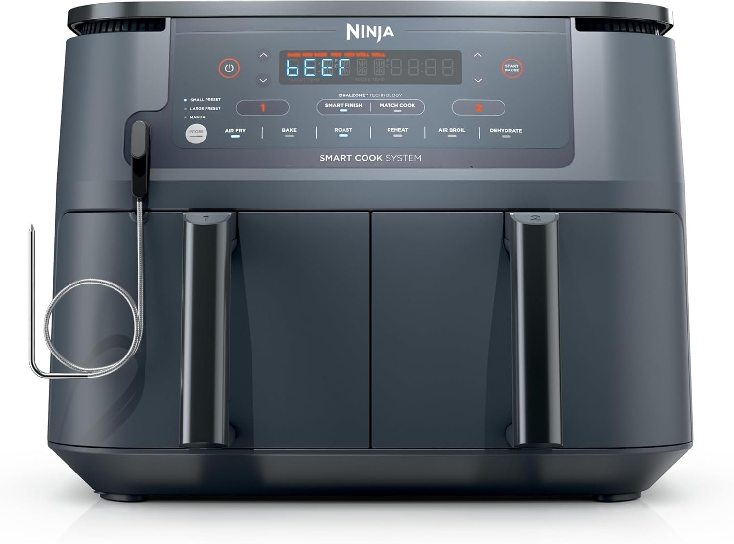 Ninja Foodi Air Fryer w/Smart Cook Thermometer | 6-in-1 Air Fry, Roast, Bake, Dehydrate | DualZone™ Match Cook & Smart Finish, 2 Independent Baskets | XL 10 Qt, Stainless Steel | Grey | DZ550GY