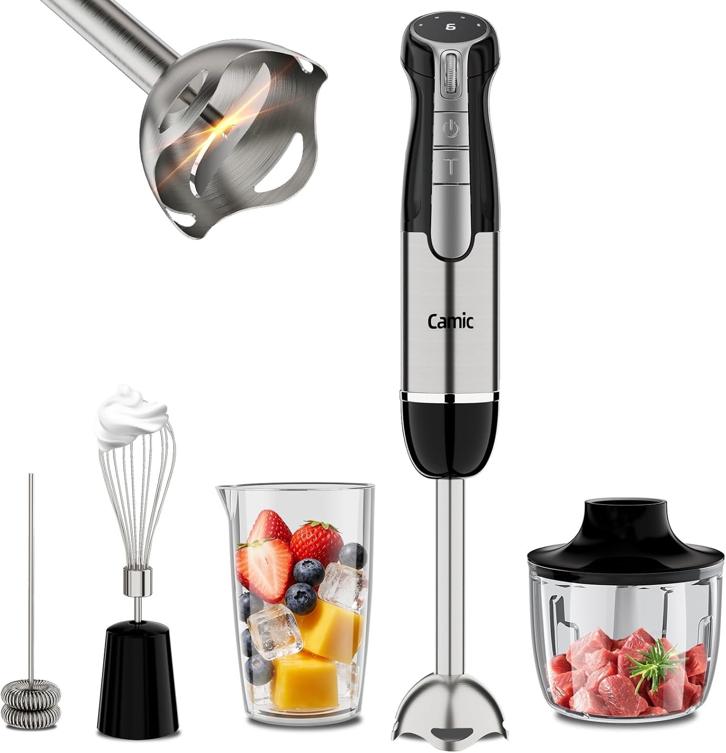 Camic Hand Blender, Cordless Immersion Blender with 6 Speeds, 4 in 1 Portable Mixer Electric Handheld Mixer with Blender, Chopper, Whisk, Frother for Soup, Smoothies, Baby Food and Puree (Black)