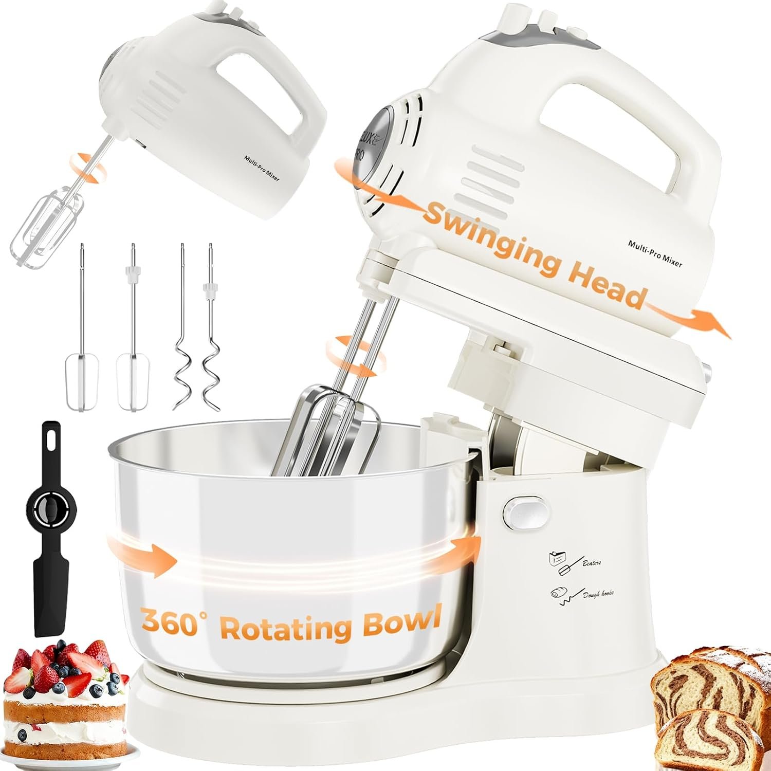3.2QT 2-in-1 Stand Mixer, Electric Kitchen Mixer with Auto-Rotating Bowl & Tilt-Head, 5-Speed 250W Turbo Baking Machine for Beginners with Beater & Dough Hook for Cookie, Bread, Cake (White)