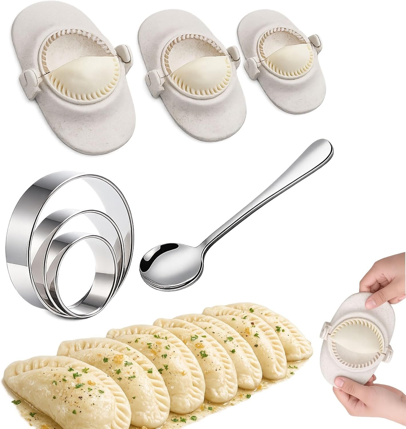 Dumpling Maker Set with Dough Cutter, Easy One-Press Dumpling & Pastry Press Mold for Home Cooking, No Leaking, Secure Seal, 3 Sizes (4″, 3″, 2.6″)