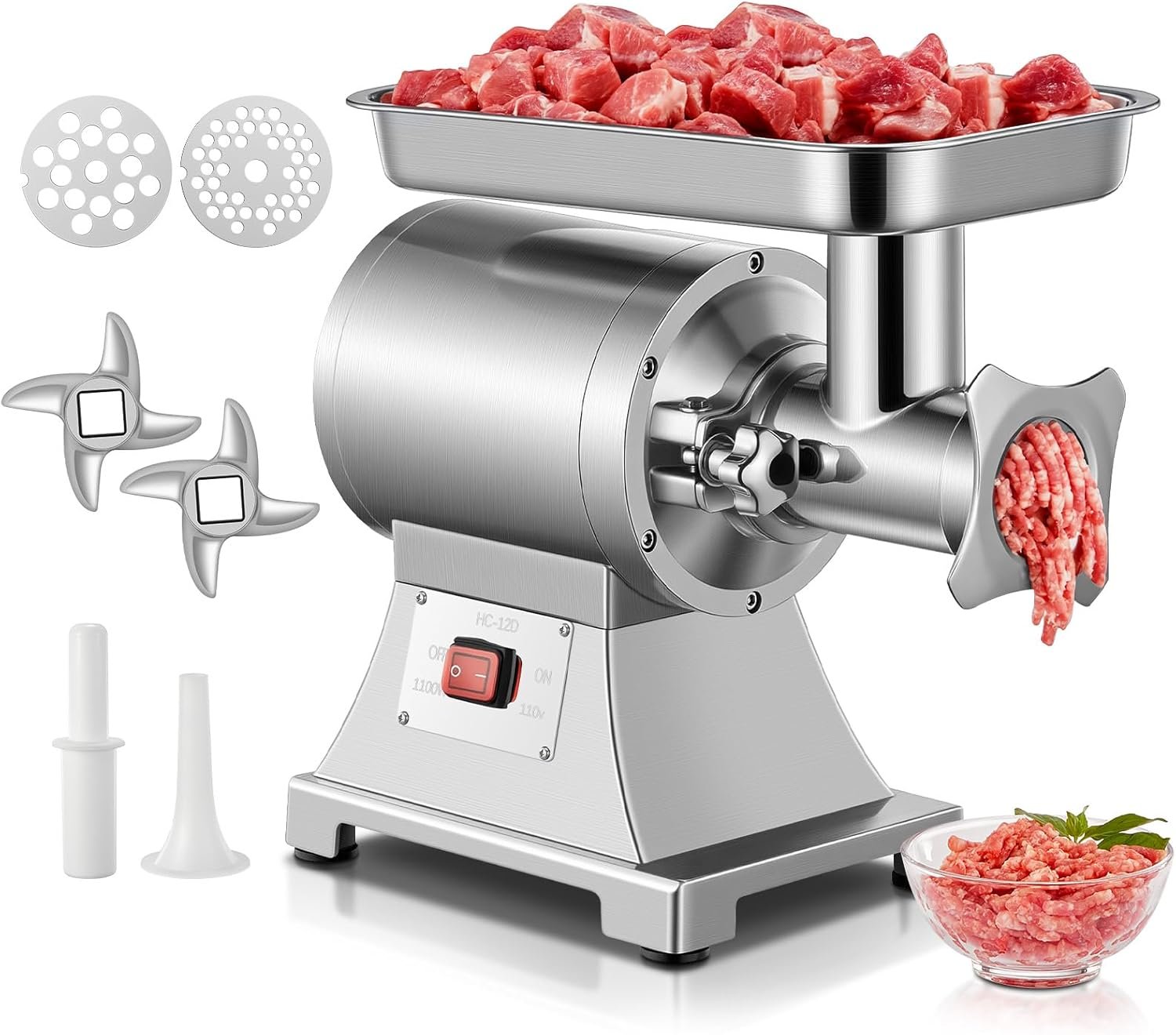 Commercial Meat Grinder, 1100W Electric Meat Grinder Heavy Duty, ETL Approved, 330LBS/H Meat Mincer with 2 Blades, 2 Cutting Plates, Sausage Tube for Kitchen Restaurant Butcher Store
