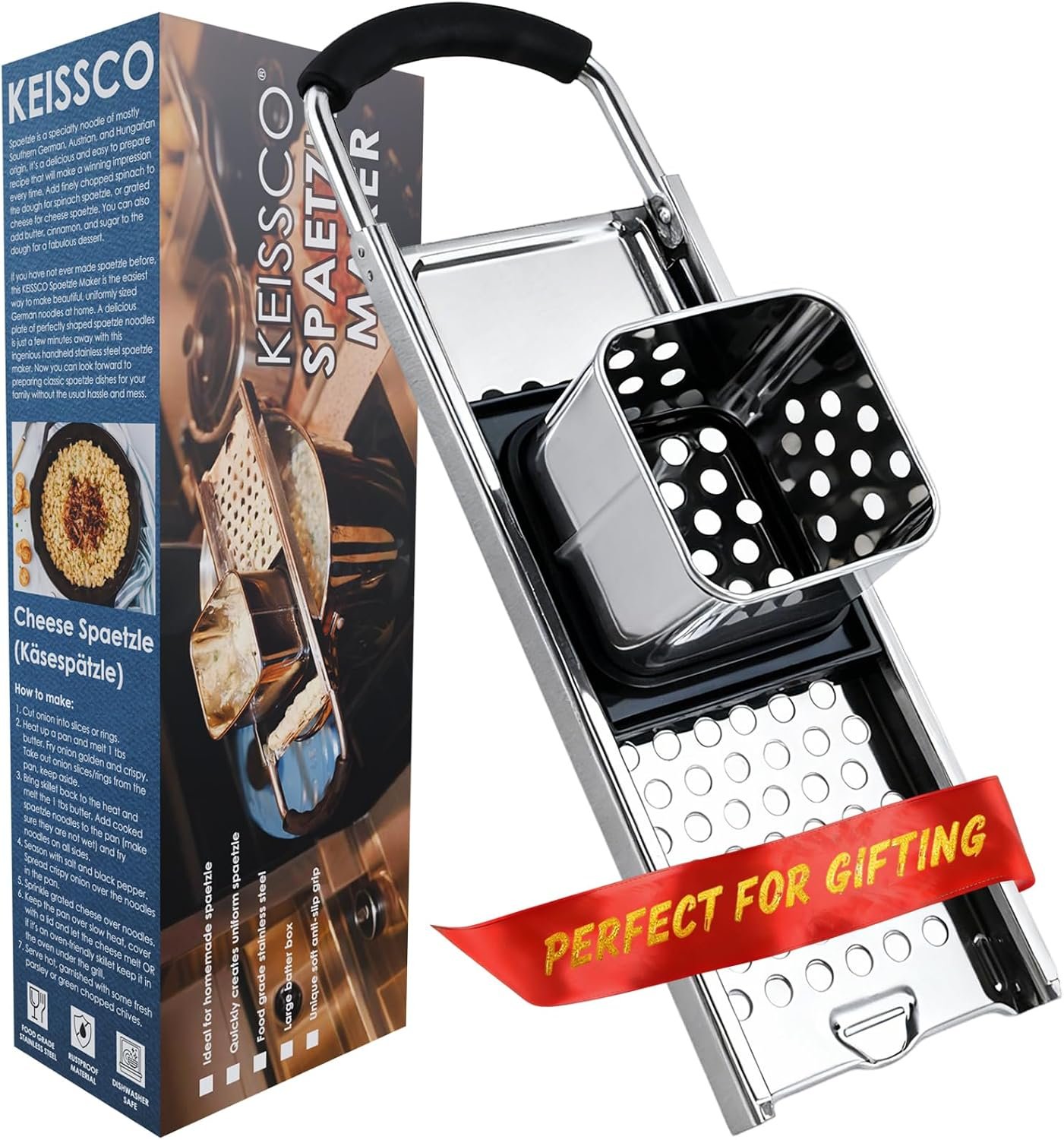 Premium Grade Stainless Steel Spaetzle Maker with Comfort Grip Handle Traditional German Egg Noodle Maker with Gift Box