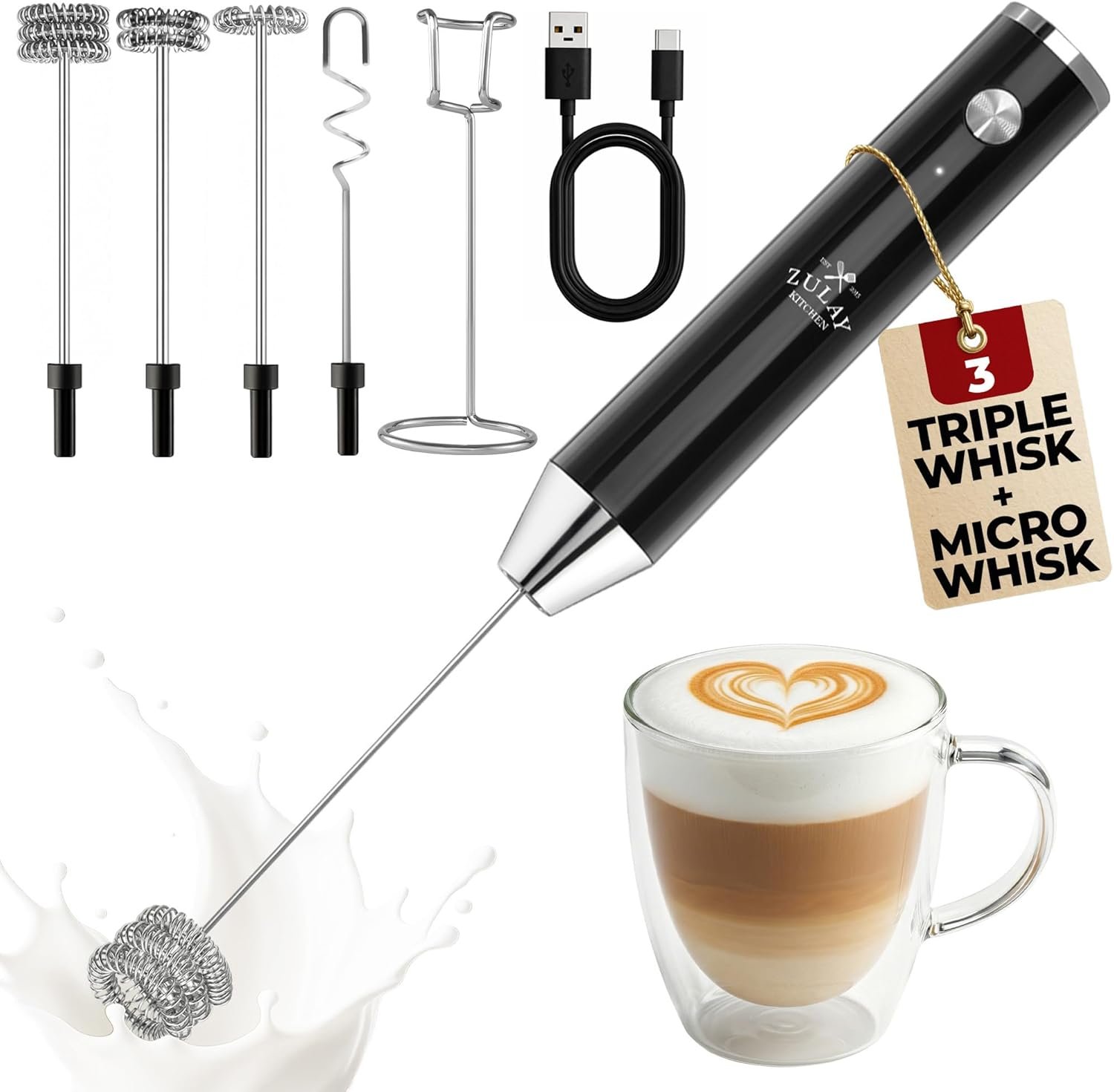 Zulay Kitchen Rechargeable Milk Frother Handheld – Frother Wand, Drink Mixer, Electric Whisk Frother, for Cappuccinos, Matcha & Protein Powder – Lux 4 Whisk 2 Speed Waterproof 2000mAh Alpha Black