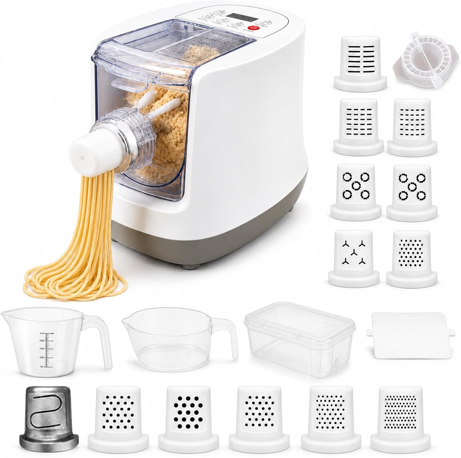Electric Pasta Maker Machine – Automatic Noodle Maker with 13 Shape Discs, 23oz Large Capacity, Digital Touch Control for Spaghetti, Fettuccine, Macaroni & Dumpling Skins