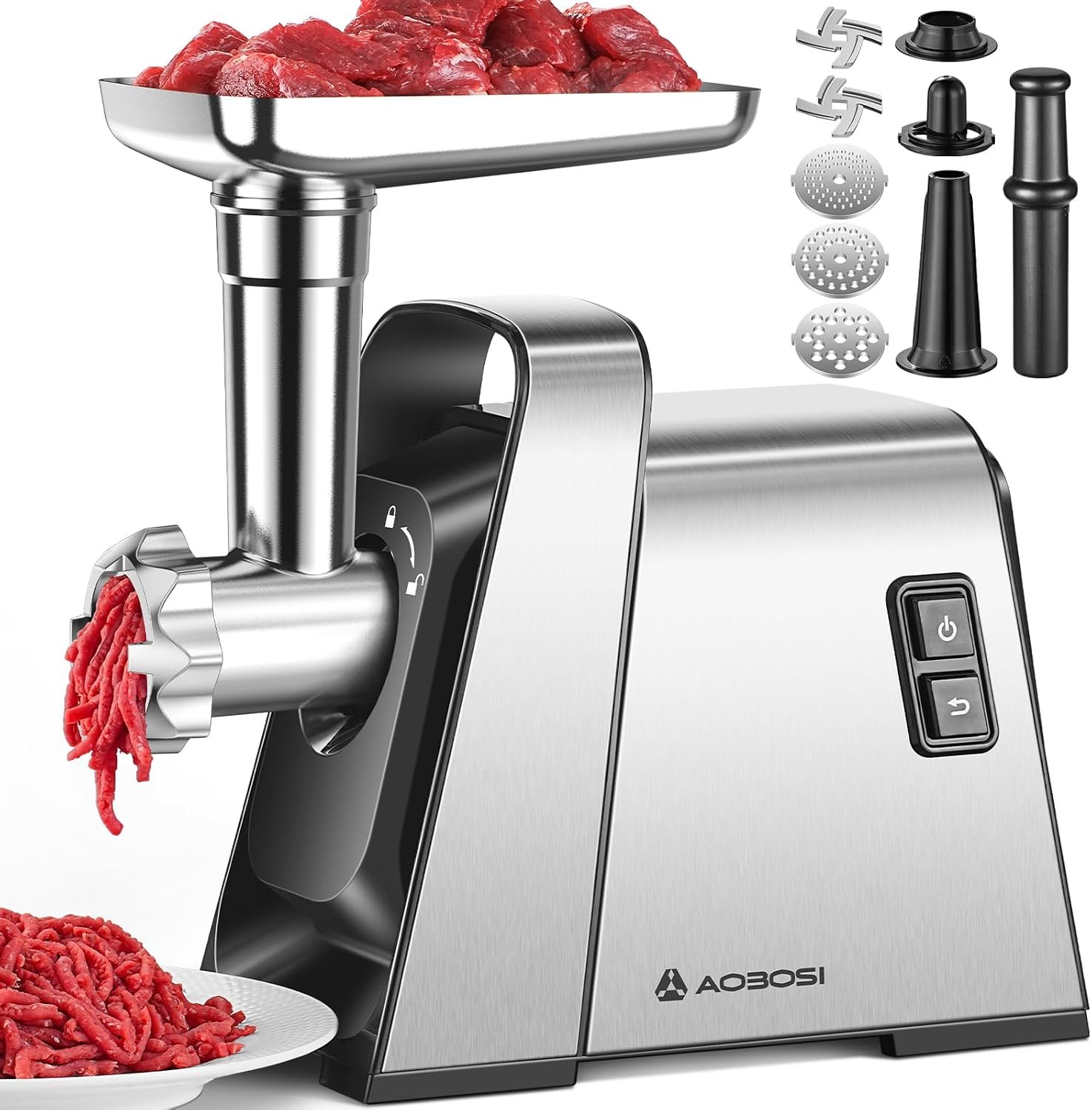 AAOBOSI Meat Grinder Electric, [3000W Max] Meat Grinder Heavy Duty with 2 Stainless Steel Blades & 3 Grinding Plates, Sausage Maker & Kibbe Kit for Home Kitchen Using