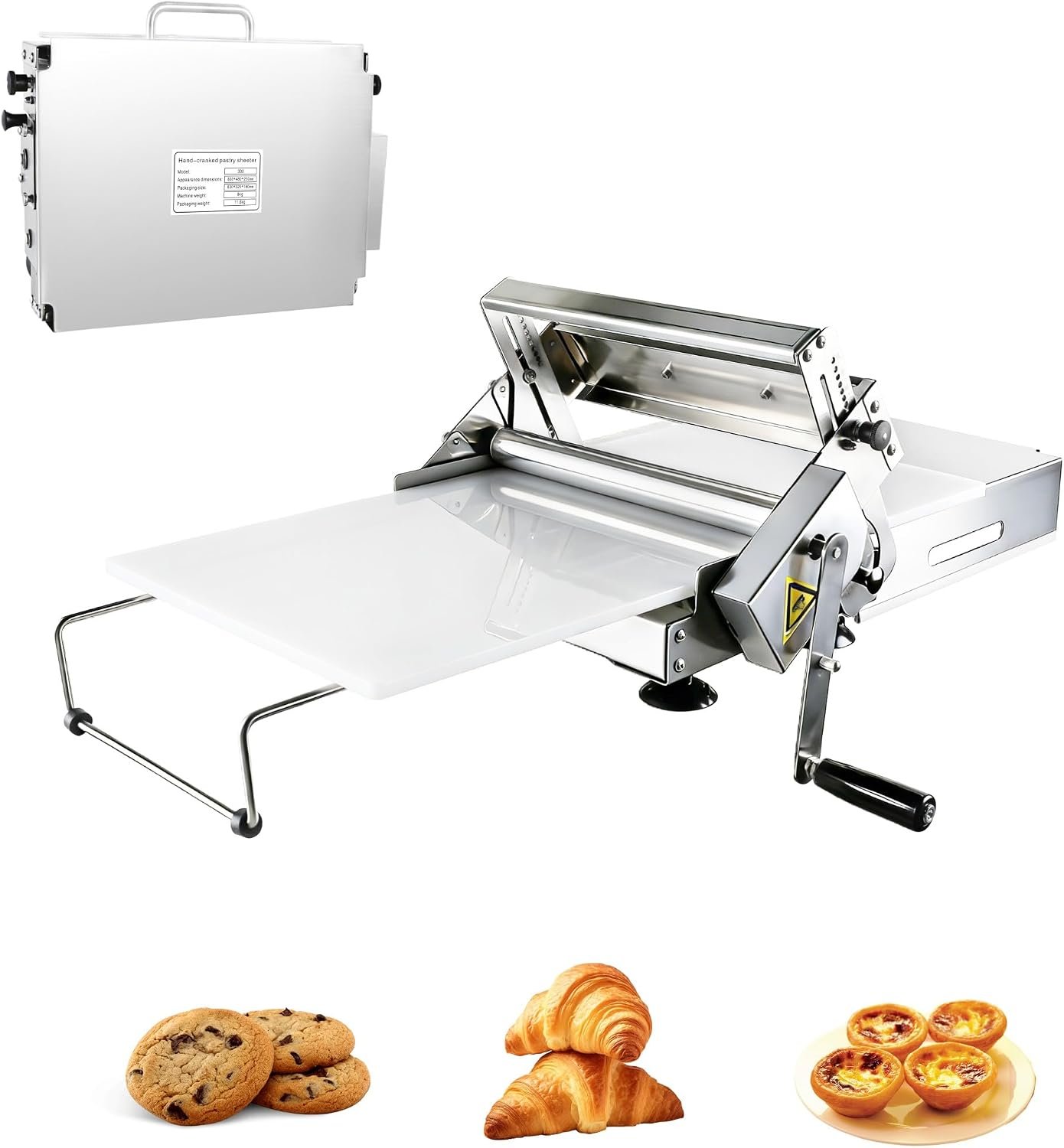 12″ Foldable Manual Dough Sheeter, Hand Crank Stainless Steel Dough Roller, Adjustable Thickness 0.2-27mm, for Pizza, Croissants, Home & Commercial Use