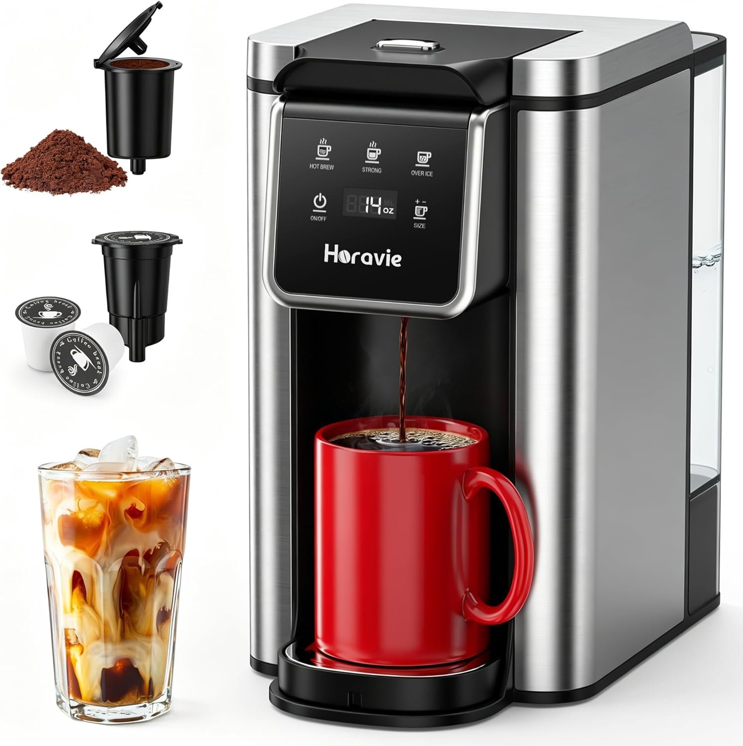 Horavie Single Serve Coffee Maker for K-Cup Pod & Ground, Hot & Iced Coffee Maker, Strong Button Feature, 6 to 14oz Brew Sizes, 50oz Removable Reservoir, Fit 6.5″ Mugs, Stainless Steel, Black