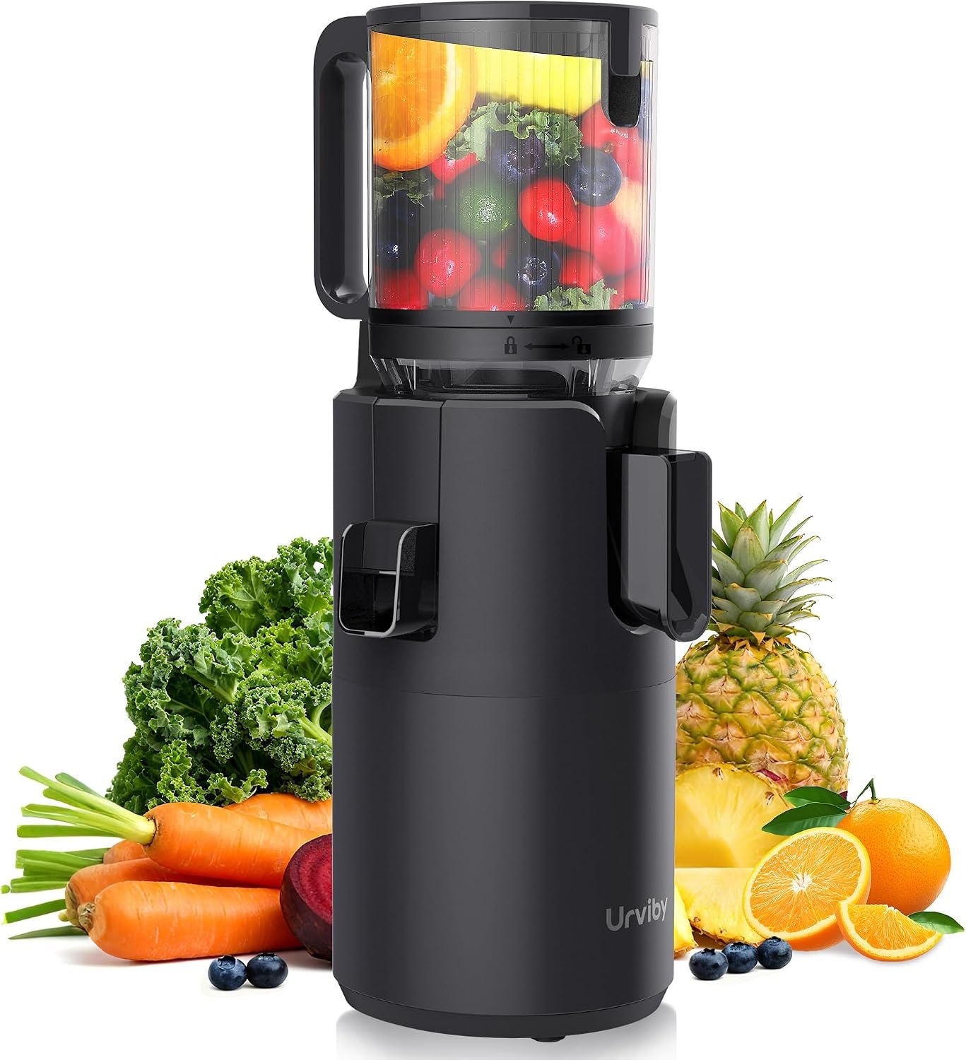 Juicer Machines, Cold Press Juicer with Double Press Technology, Large Feed Chute, 400W Motor, High Juice Yield, Easy to Clean, Masticating Juicer for Whole Vegetables & Fruits, Dark Black