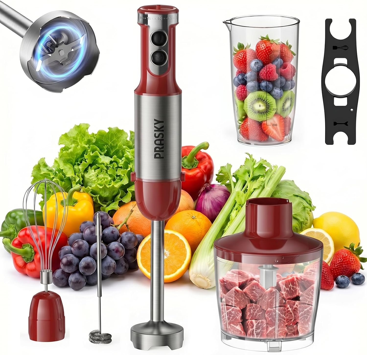 Immersion Blender Handheld 1200W, 5-in-1 Hand Blenders, 20 Speeds Hand Mixer, Stainless Steel Blades, Milk Frother Wand, Whisk, Beaker, Suitable for Kitchen, Protein Shakes and Baby Food (Red)