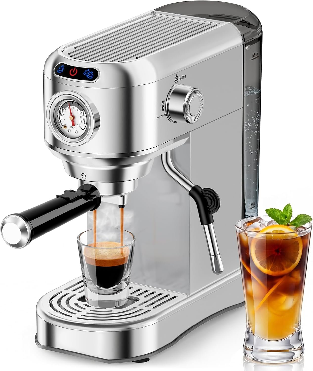 Espresso Machine 20 Bar, Compact Espresso Coffee Machine with Milk Frother, Stainless Steel Coffee Maker with 34oz Removable Water Tank, Cappuccino Machine for Home, Office, Latte (Silver)