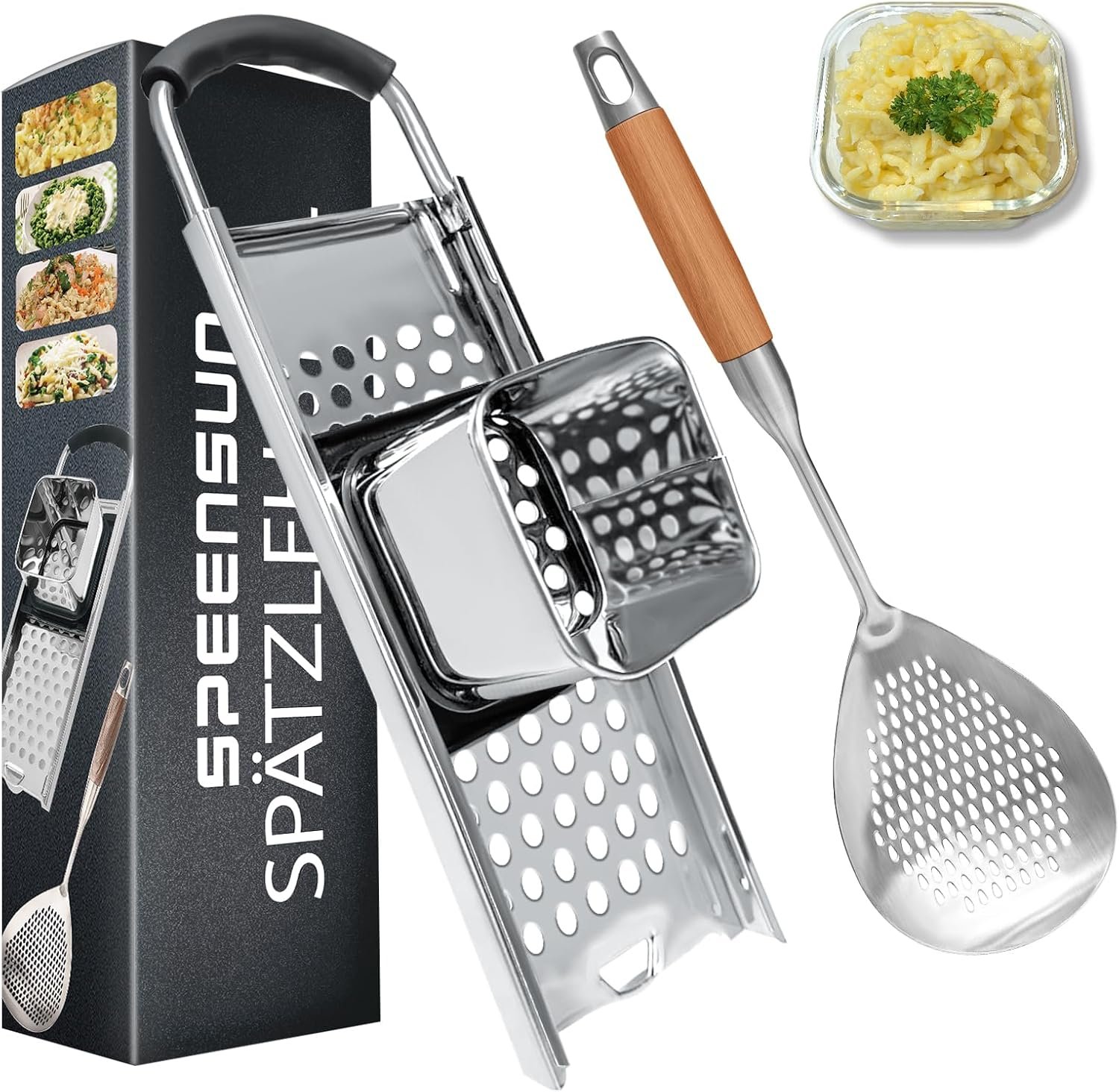 Spaetzle Maker, Premium Grade Stainless Steel Spaetzle Press and Spider Strainer, Efficient Homemade Spaetzle and Knoepfle, Dishwasher Safe Spaetzle Noodle Maker for Pots Up to 30 CM