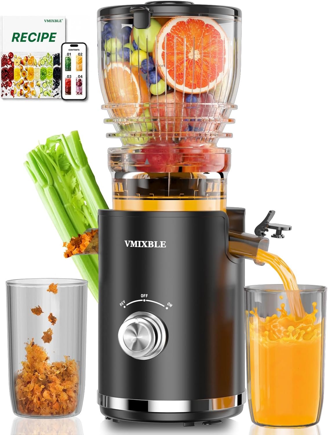 Juicer Machines, Cold Press Juicer with 5.8″ Wide Feed Chute, 300W Slow Masticating Juicer for Whole Fruits & Vegetables, High Juice Yield, Easy to Clean, BPA Free Juice Extractor Machine