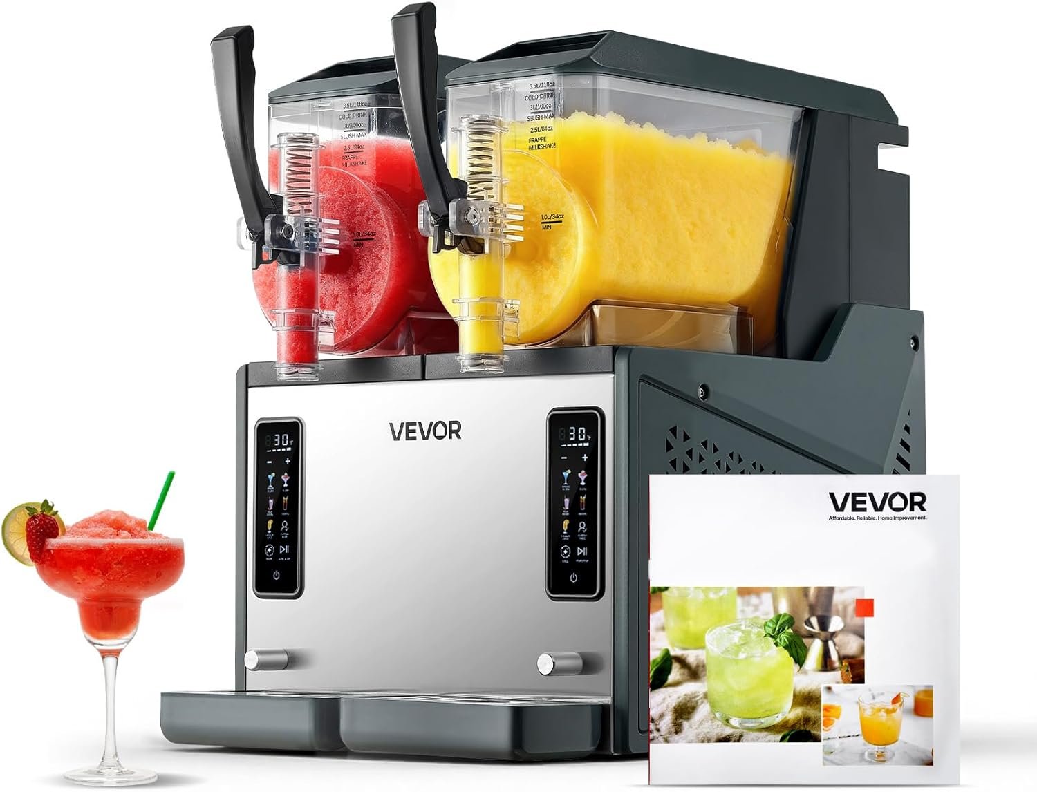VEVOR Slushie Machine, 4L/135oz x 2 Tank Slushy Machine for Home, No Ice Needed Frozen Drink Maker, Margarita Maker with Self-Cleaning, for Frozen Margaritas, Frappés, Milkshake & More