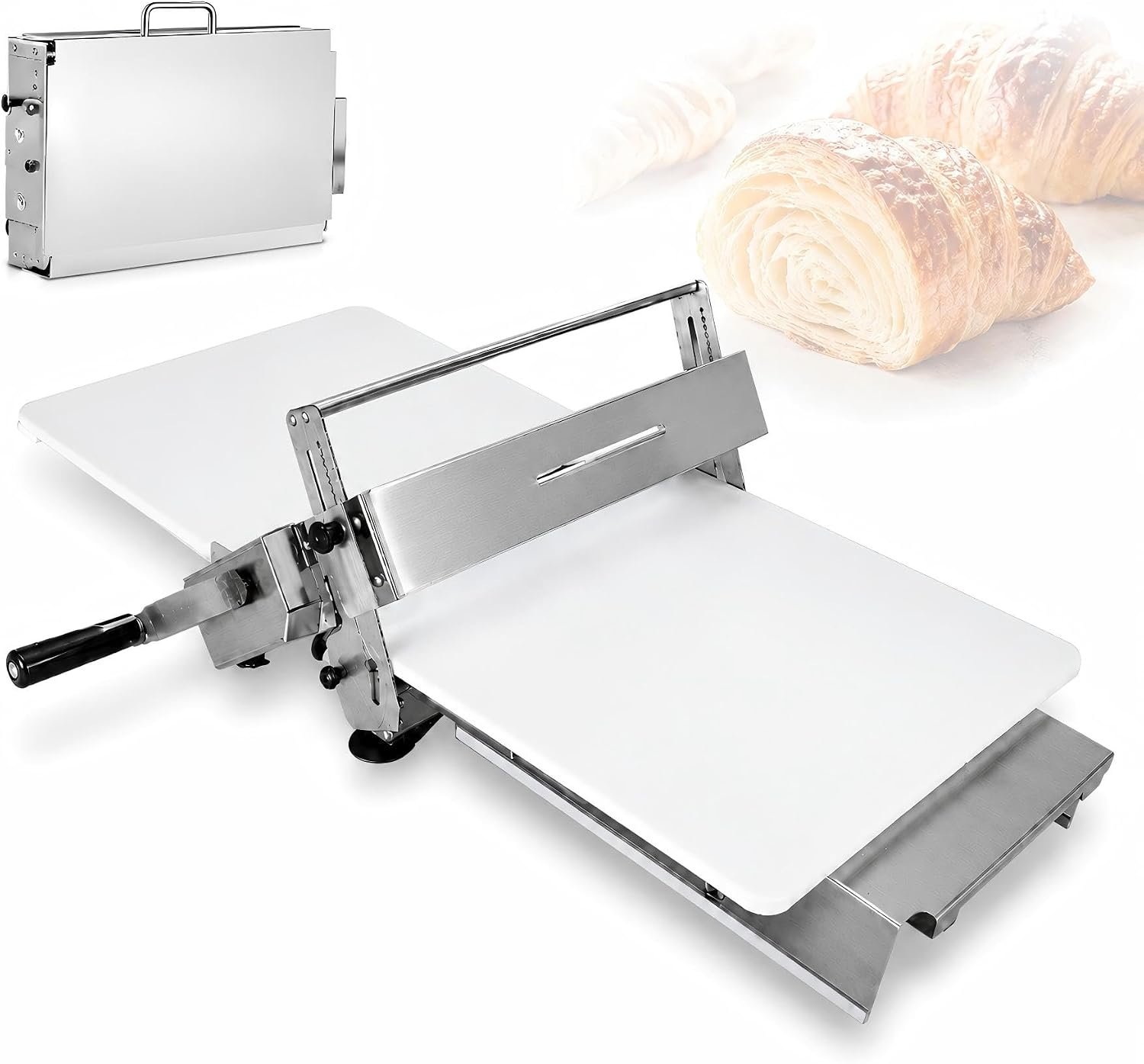 Manual Dough Sheeter Machine for Croissants & Pastry – Foldable Countertop Dough Roller Machine with 55 Thickness Settings (0–27mm), Stainless Steel Rollers for Home & Small-Batch Bakeries