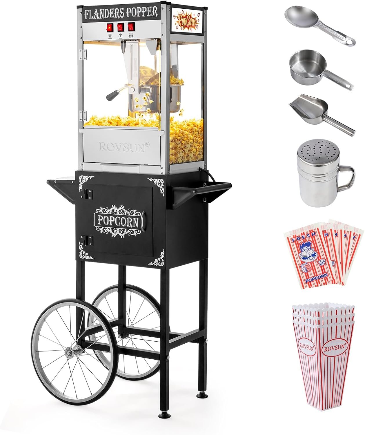 ROVSUN Popcorn Machine with Cart, 10 Oz Kettle Makes Up to 4 Gallons ETL Certified, Popcorn Maker w/Scoop, Oil Spoon, Bags & 3 Popcorn Cups, Movie Theater Style Popper for Commercial Home Party, Black