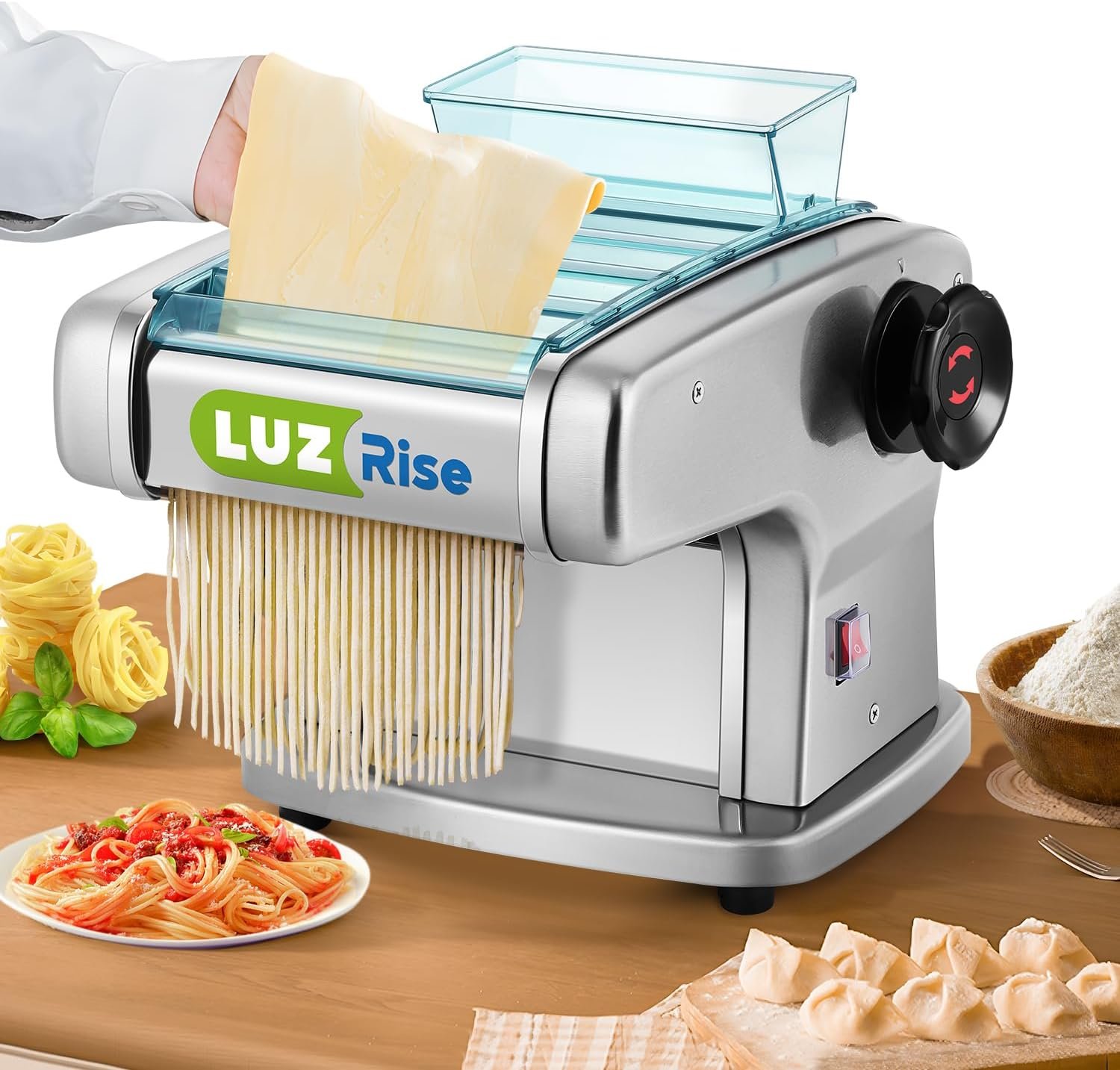 Electric Pasta Maker Automatic Noodle Machine Fresh Pasta Dough Roller Stainless Steel(4 Blades for 2mm,2.5mm,4mm&9mm Flat Noodle,9 Thickness Settings 0.5-5mm,Family Use, Output 10LBS/H,135W)