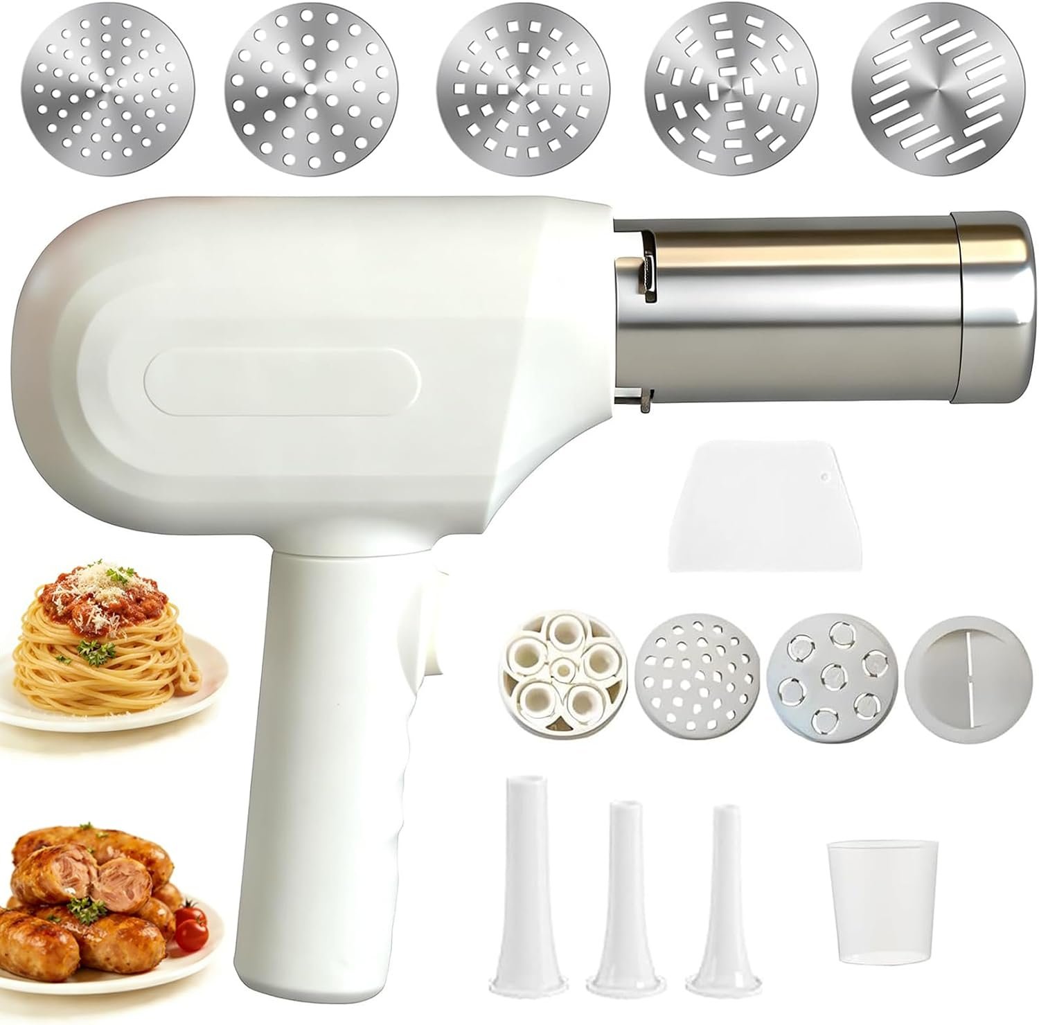 Electric Pasta Maker Machine, 6 In 1 Handheld Electric Pasta Maker, Cordless Automatic Noodle Machine, With 5 Types Of Noodle Molds and 2 Types Of Enema Filling Nozzles, Easy to Use and Clean