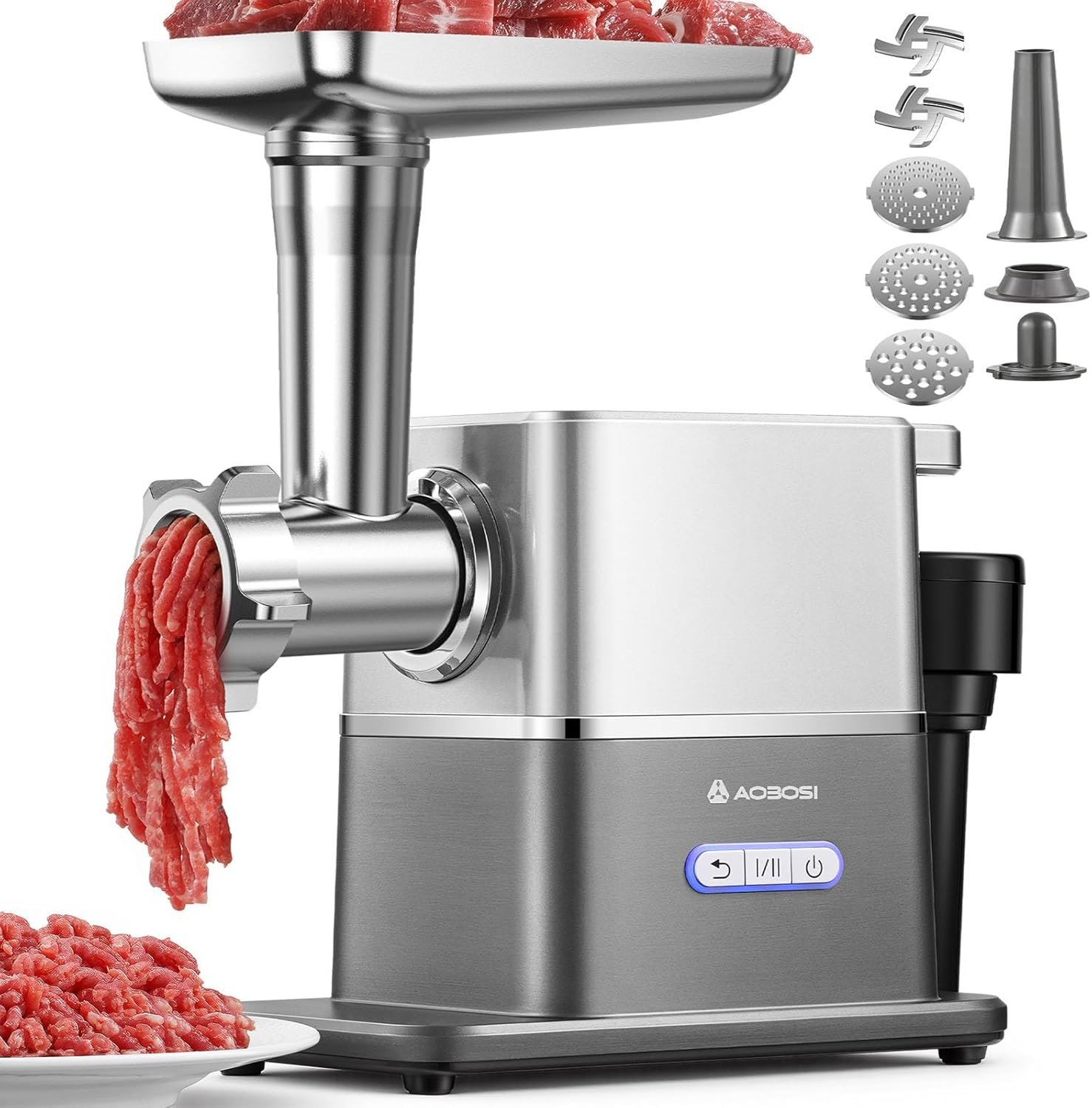 AAOBOSI Meat Grinder Electric 3000W Max with 60dB Quiet DC Motor, Auto-Reverse & Storable Food Pusher – 3 Speed Settings,Grinding, Sausage & Kibbe Making for Home Use
