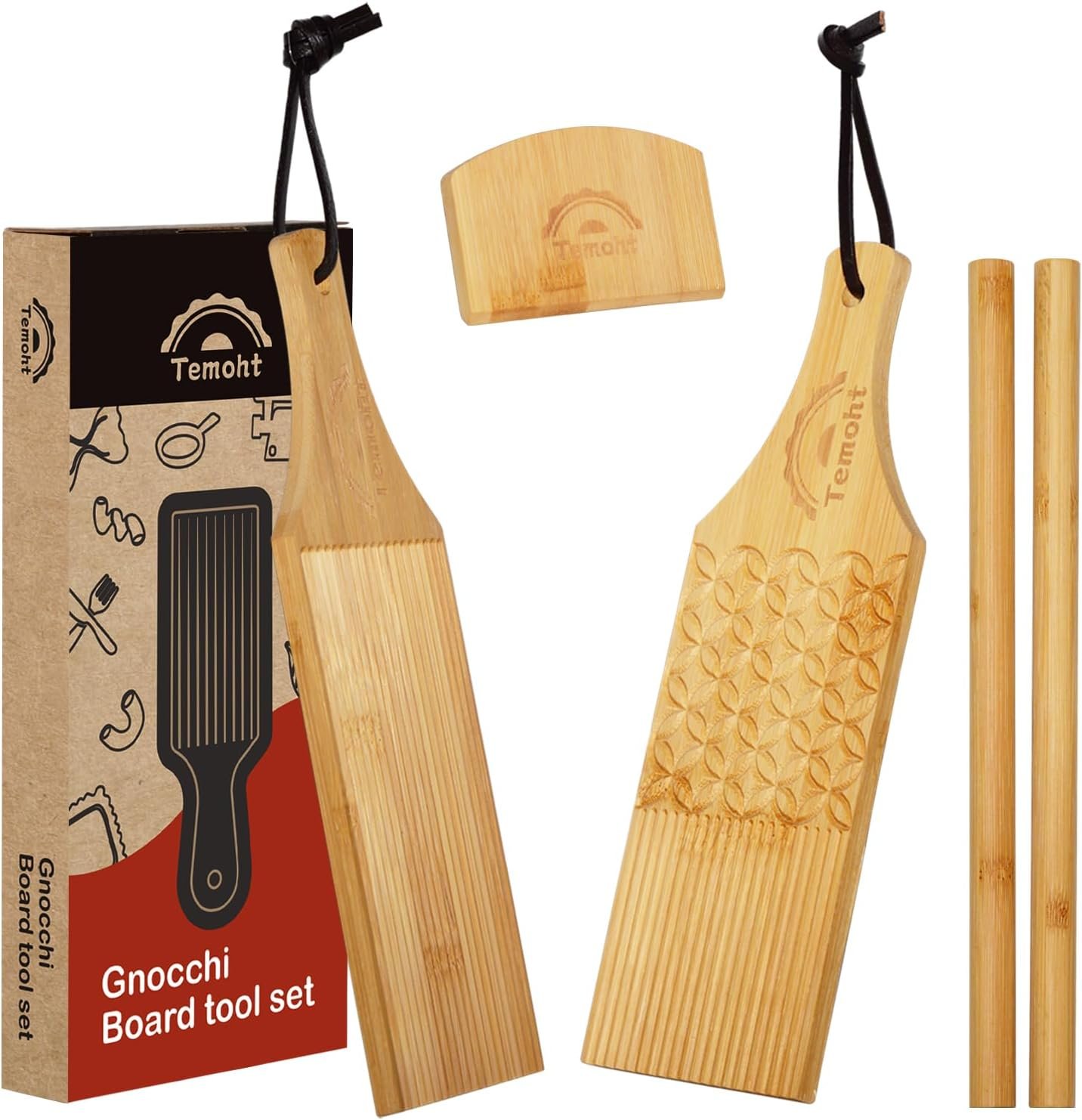Gnocchi Board Set for Rolling Dough – includes 4-in-1 paddle and a standard paddle, 2 rollers and 1 cutter – Authentic Bamboo Butter Paddles, Pasta Shaping Tools, Gift for pasta enthusiasts