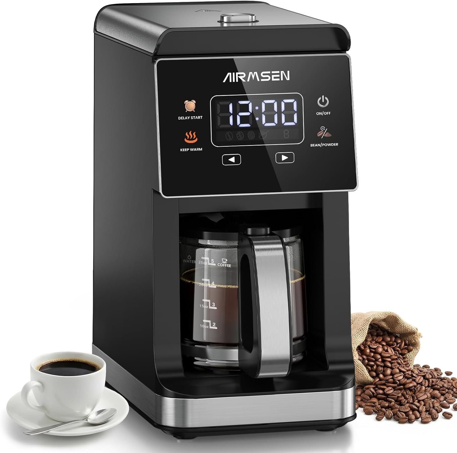 AIRMSEN Grind & Brew Coffee Maker with Built-in Grinder, Programmable Single Serve Coffee Maker – 5 Cup-800ML, 3 Grind Settings, Auto Keep Warm & Glass Carafe for Small Home and Office