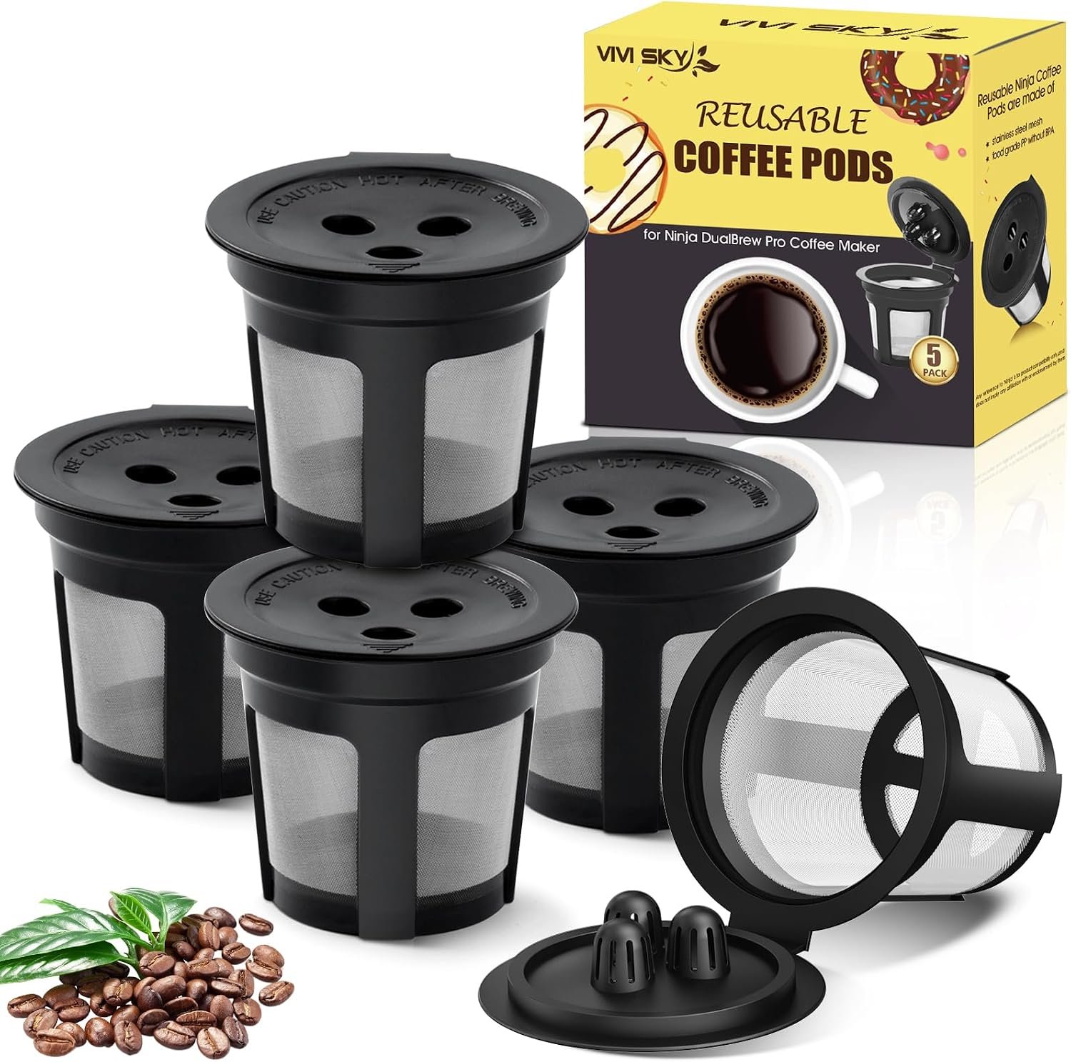 5 Pack Ninja Reusable Coffee Pods: Reusable K Cups for Ninja Coffee Maker – Refillable Coffee Filters for 3-Needle Ninja DualBrew Pro CFP200 CFP201 CFP300 CFP301 CFP305 CFP400（Only for 3-Hole Version)