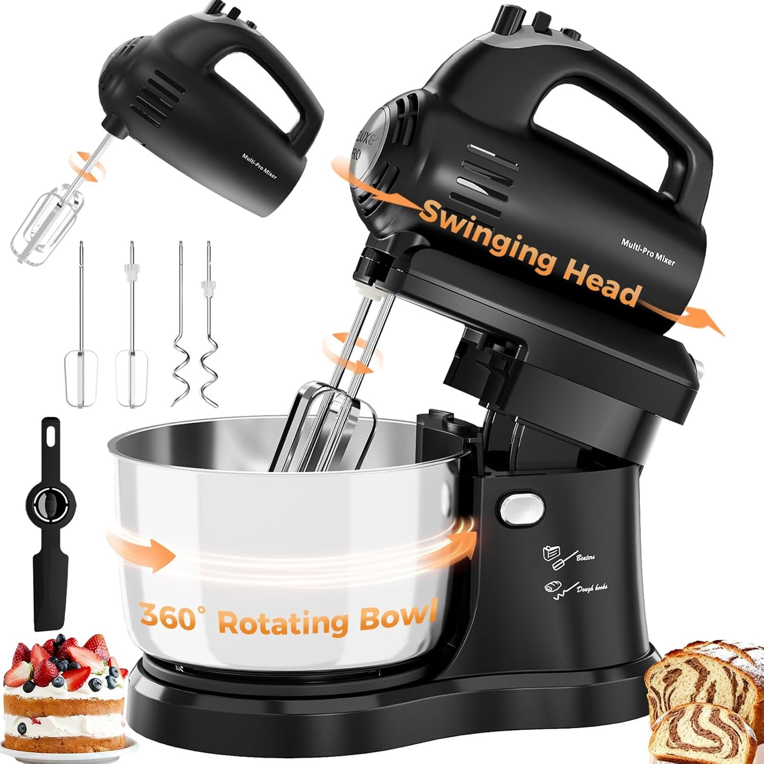 3.2QT 2-in-1 Stand Mixer, Electric Kitchen Mixer with Auto-Rotating Bowl & Tilt-Head, 5-Speed 250W Turbo Baking Machine for Beginners with Beater & Dough Hook for Cookie, Bread, Cake (Black)