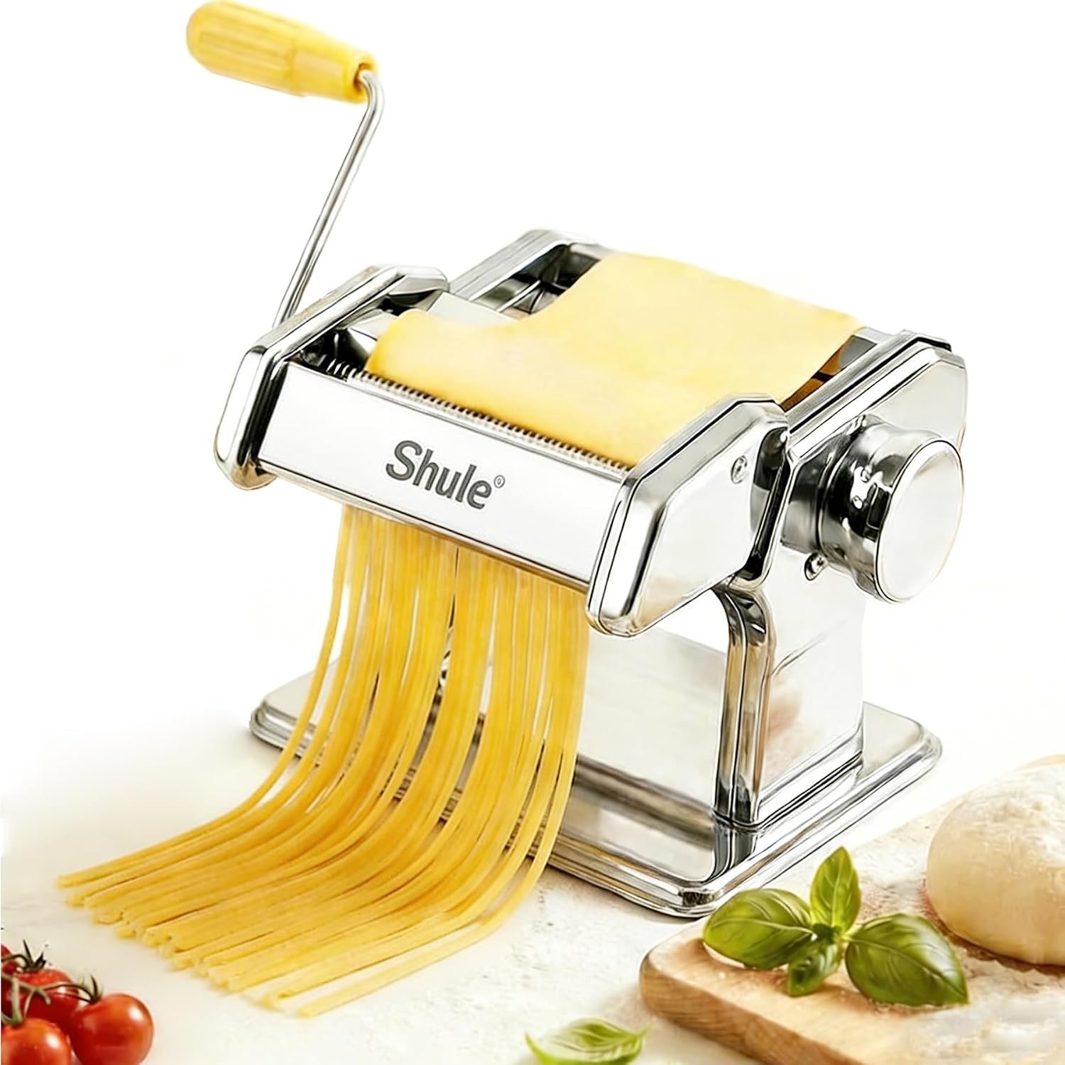 Manual Pasta Maker Machine – 7 Adjustable Thickness Settings Pasta Roller & Cutter, Stainless Steel Noodle Maker with Removable Handle & Clamp, Pasta Press for Homemade Spaghetti Lasagna (Sliver-150)